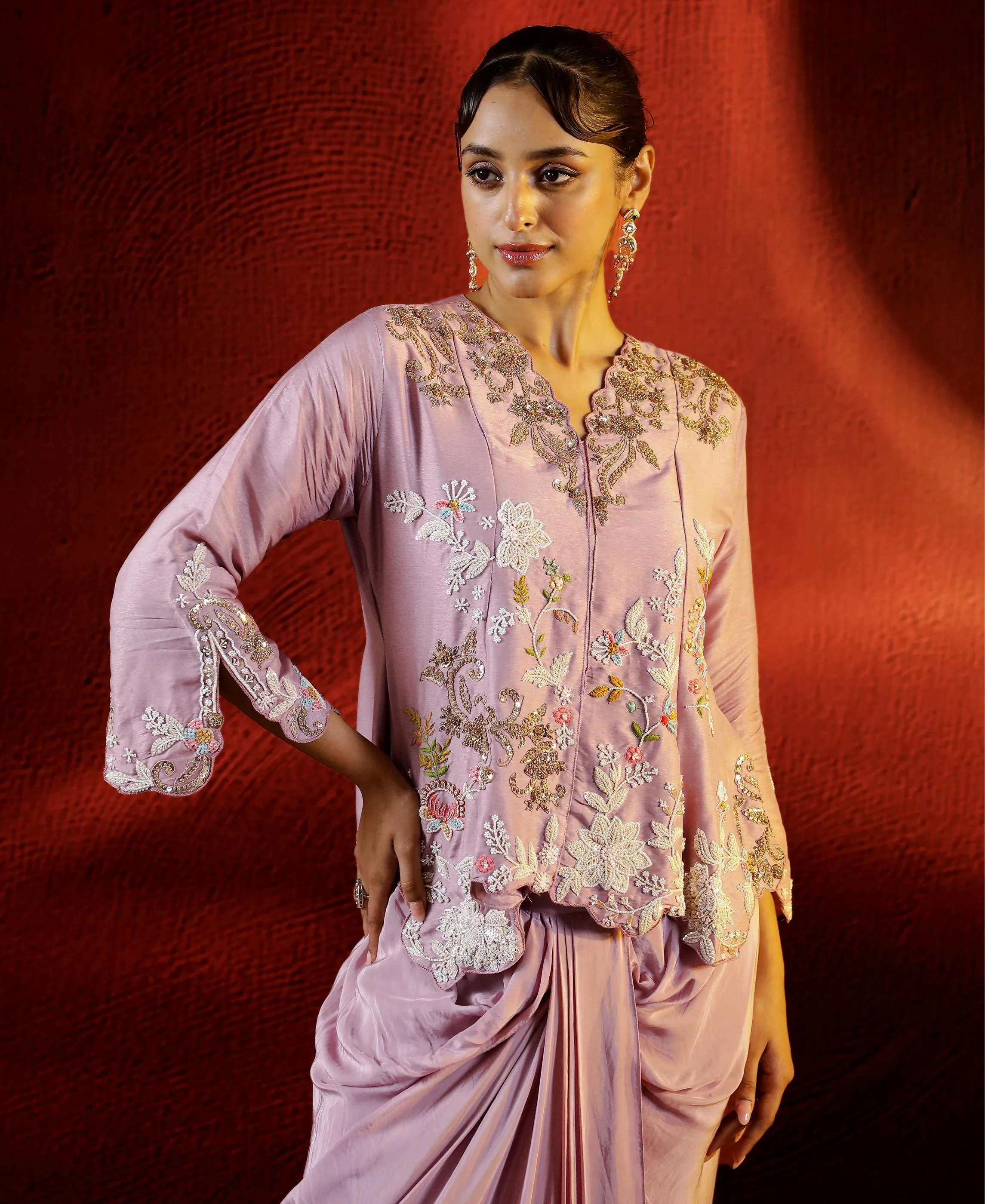 Pale Pink Embroidered German Silk Jacket Skirt Set - Image 2