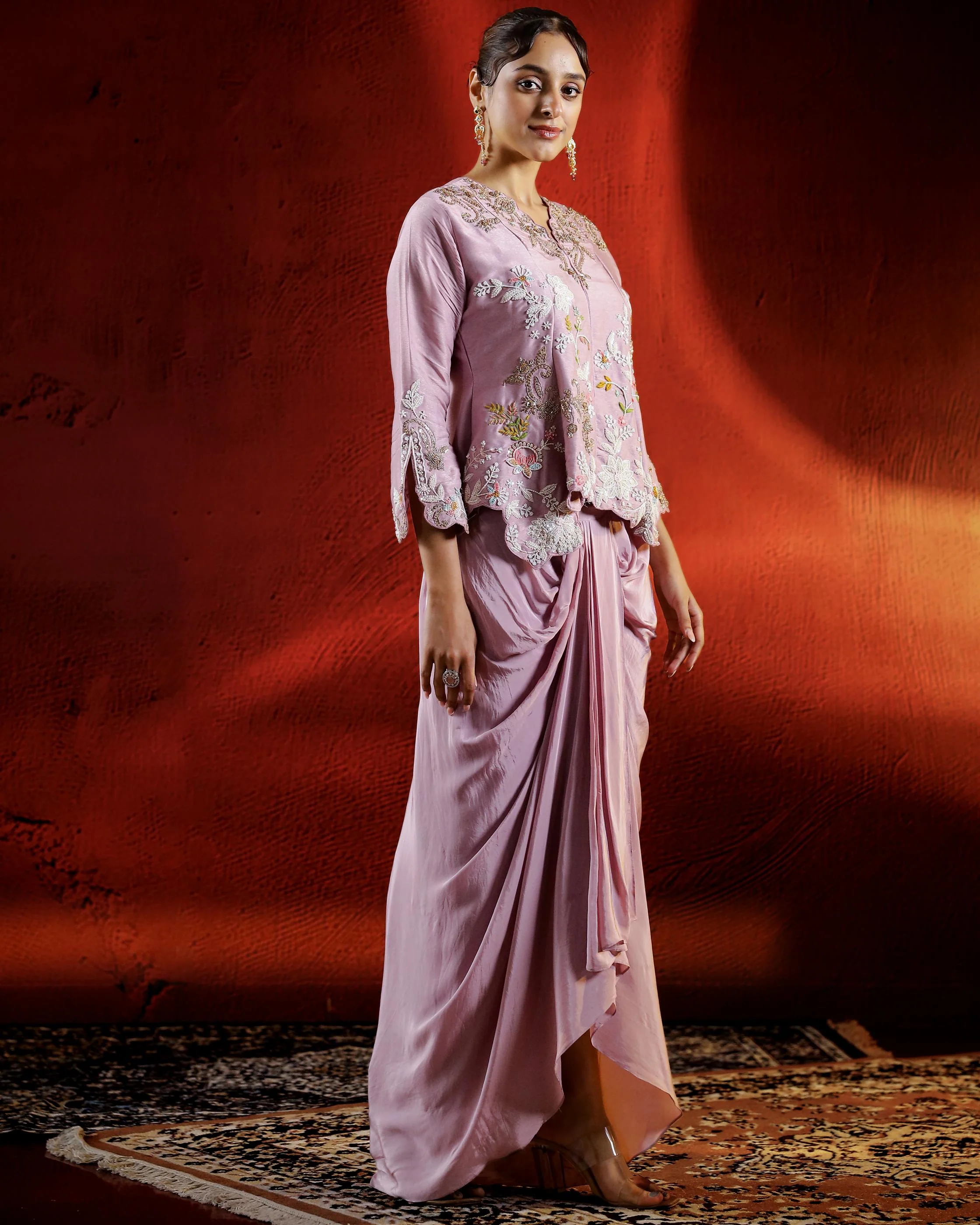 Pale Pink Embroidered German Silk Jacket Skirt Set - Image 3
