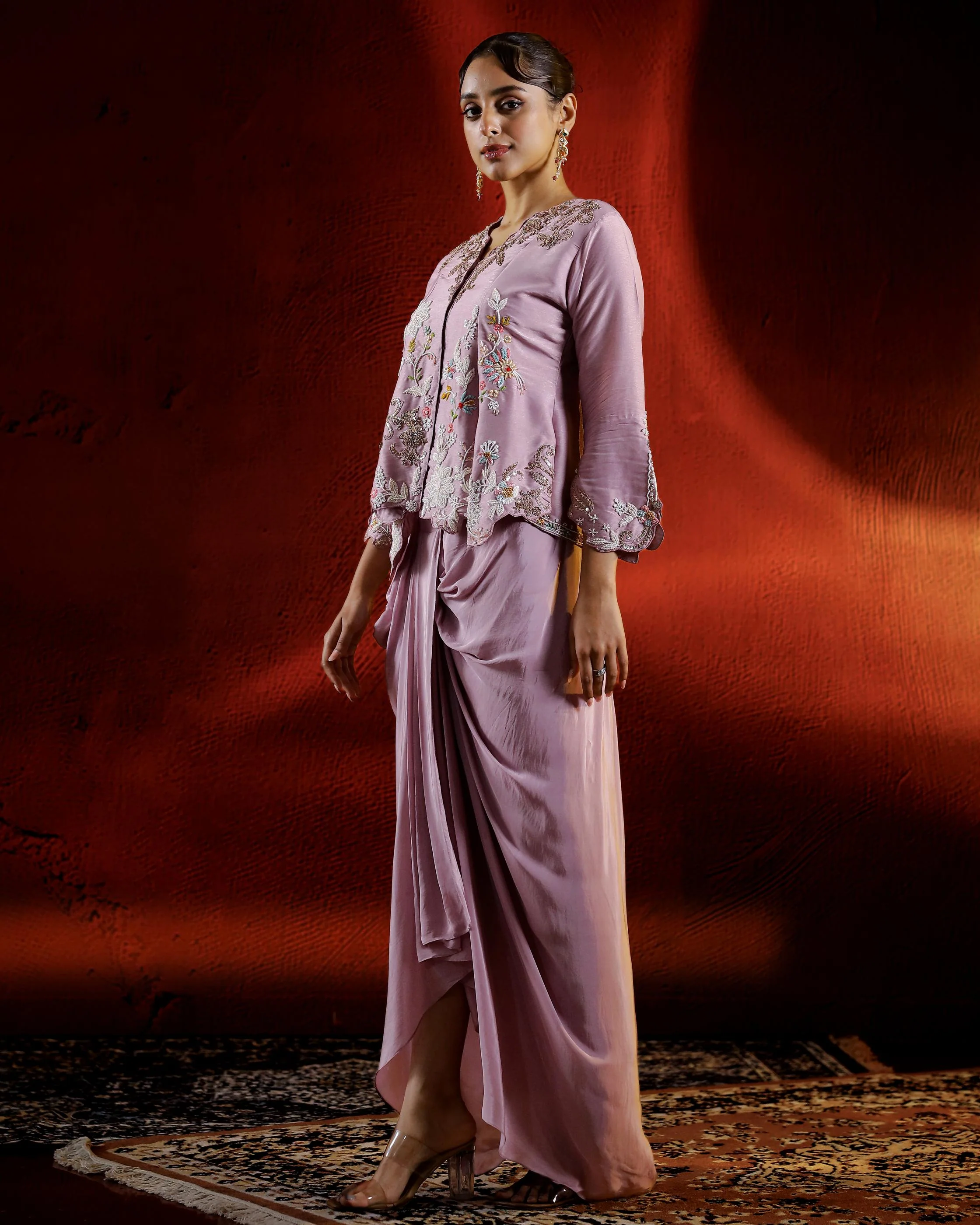 Pale Pink Embroidered German Silk Jacket Skirt Set - Image 4