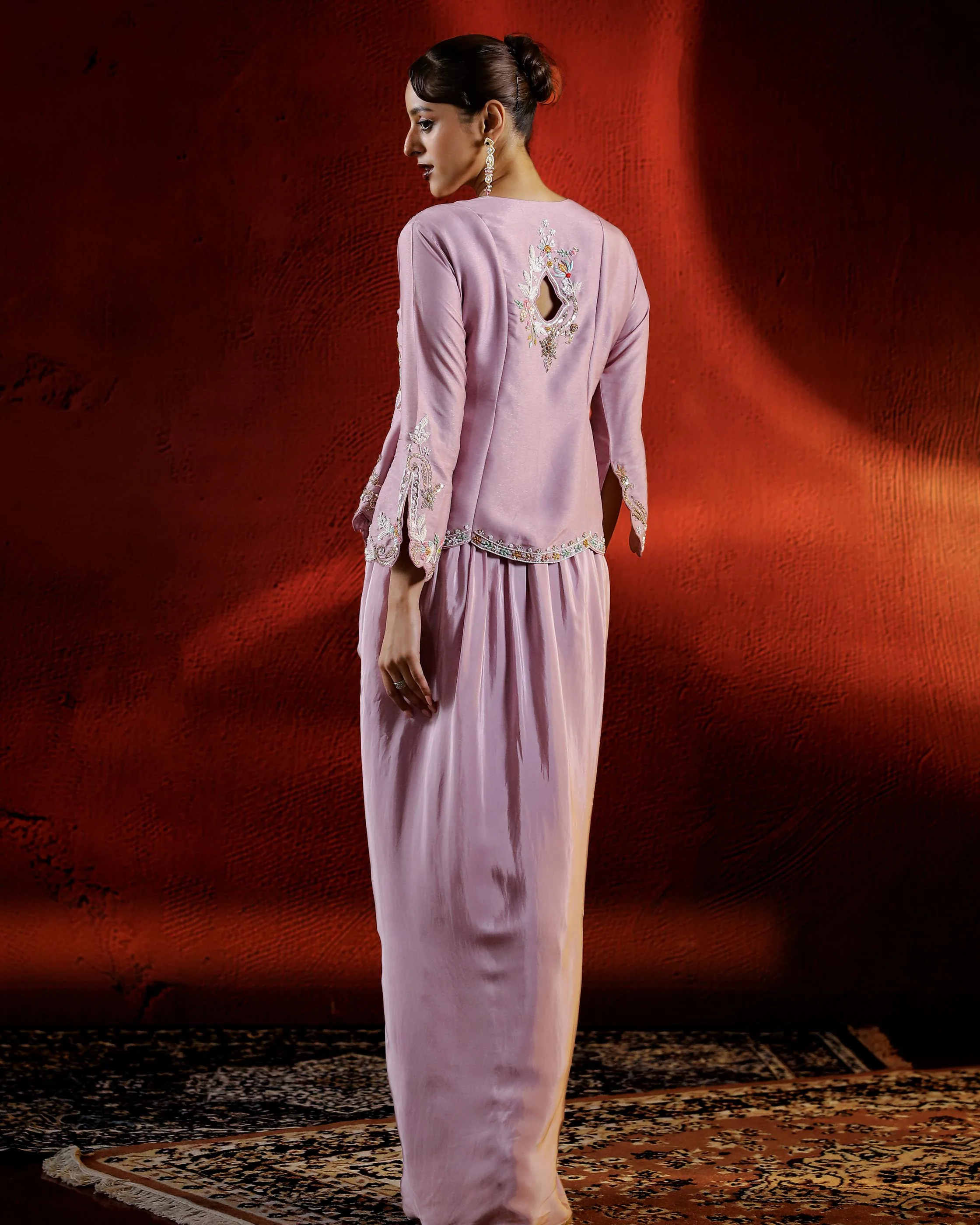 Pale Pink Embroidered German Silk Jacket Skirt Set - Image 5