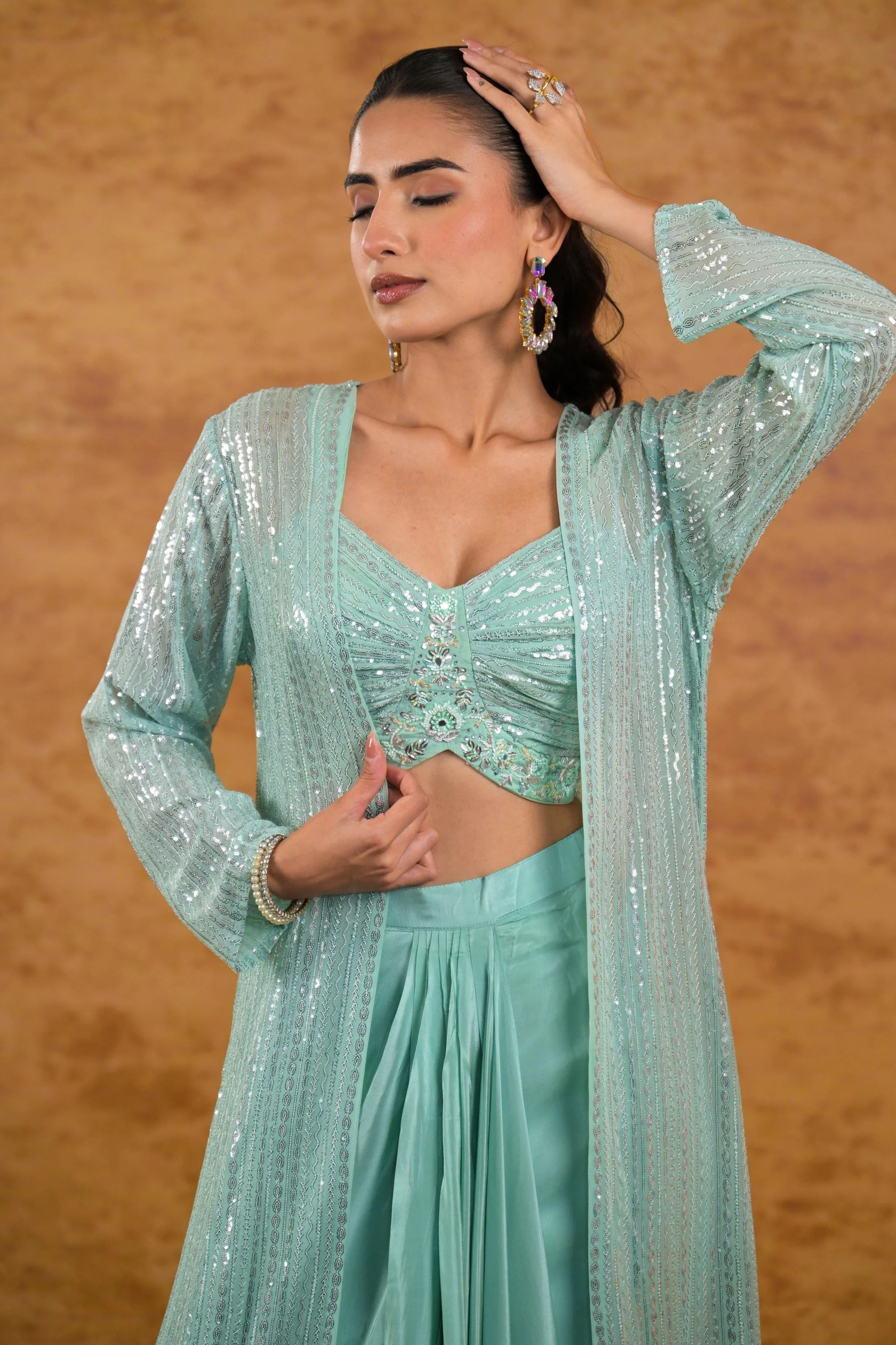 Pale Teal Embellished Georgette Silk Shrug Set - Image 2