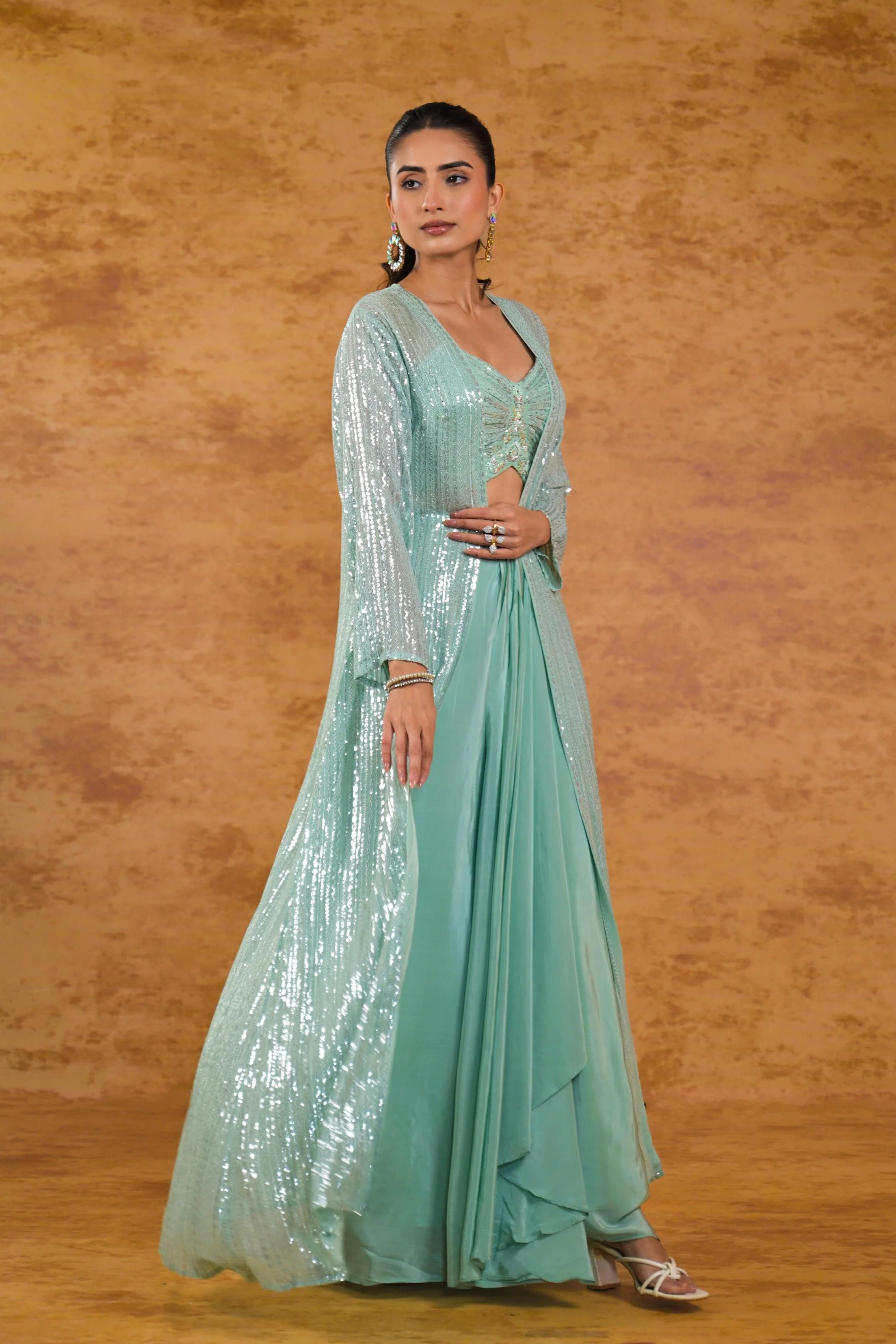 Pale Teal Embellished Georgette Silk Shrug Set - Image 3