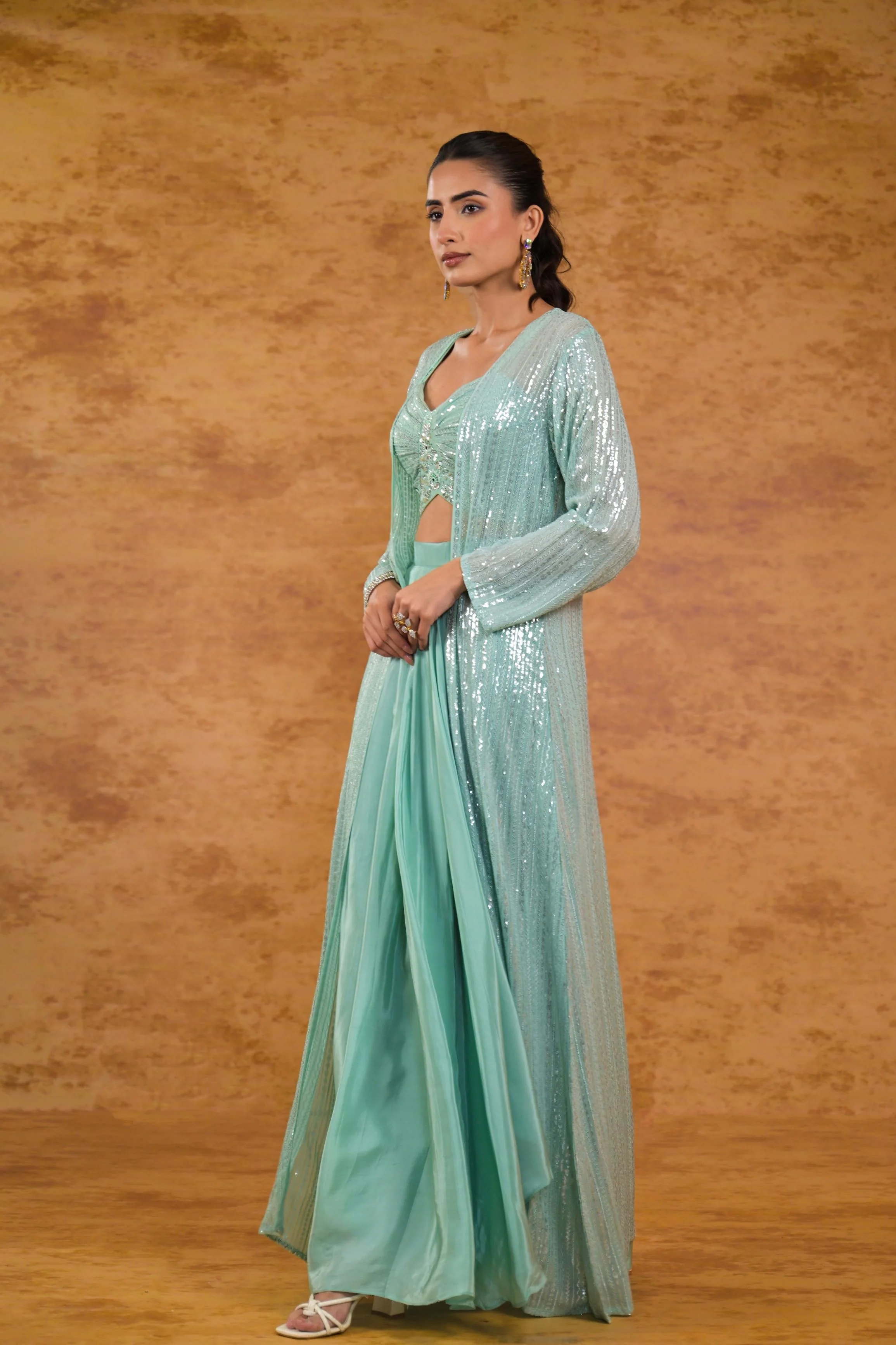 Pale Teal Embellished Georgette Silk Shrug Set - Image 4