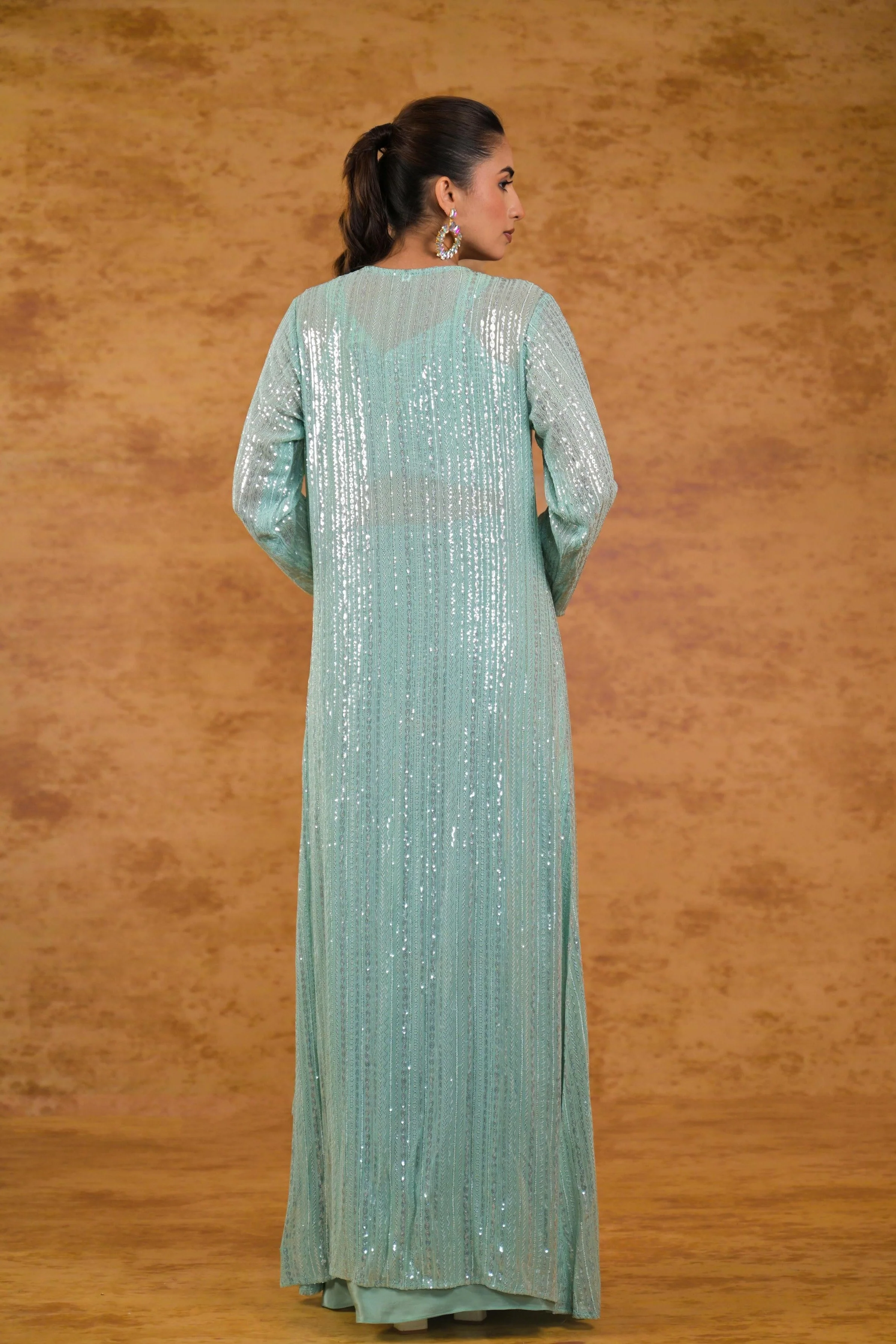 Pale Teal Embellished Georgette Silk Shrug Set - Image 5