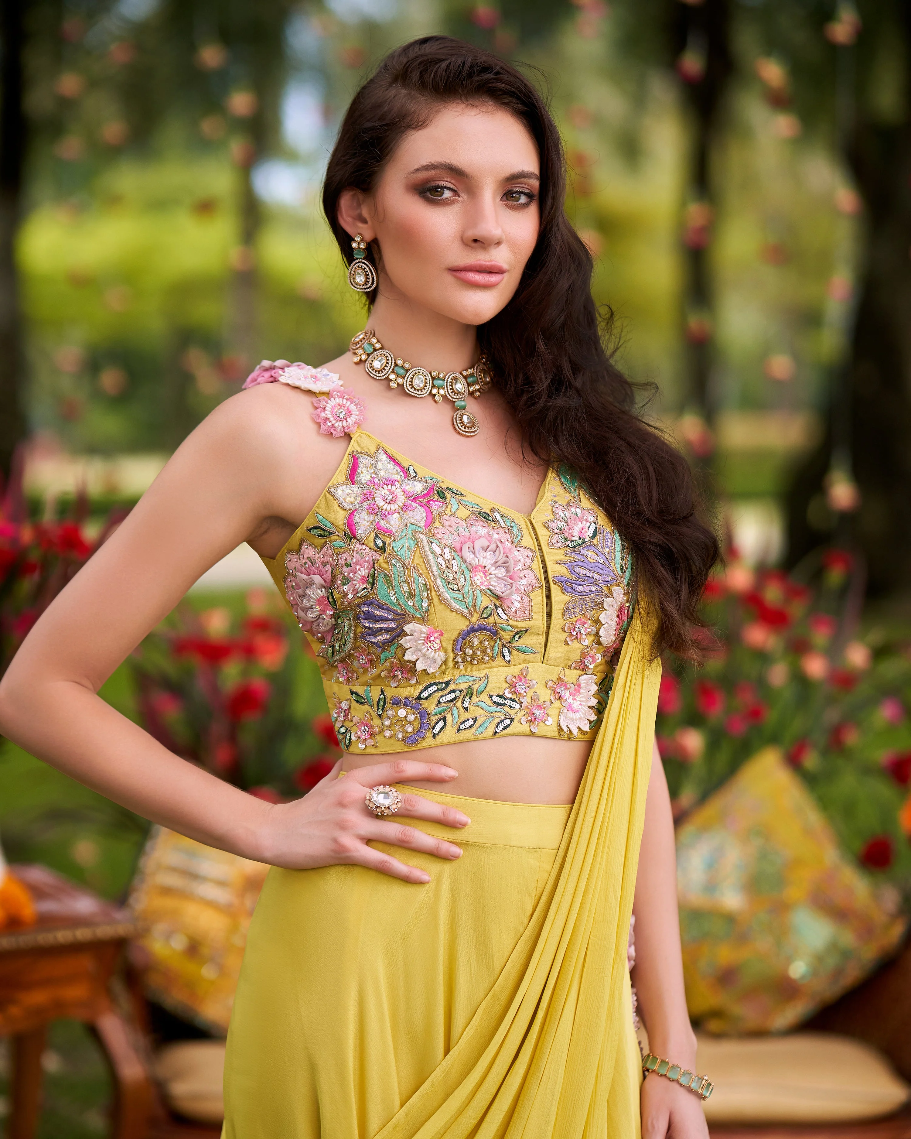 Marigold Yellow Embellished Chinon Silk Palazzo Set - Image 2
