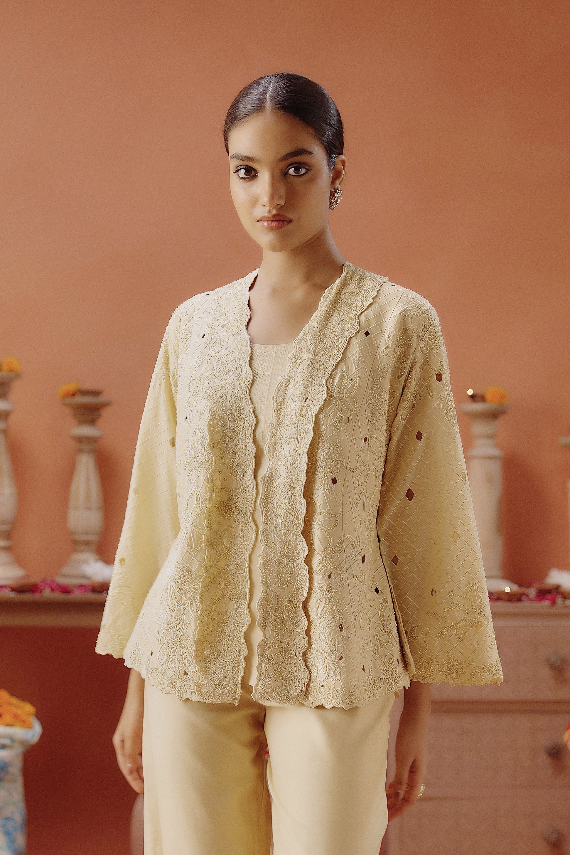 Pale Yellow Embroidered Chanderi Silk Co-Ord Set - Image 3