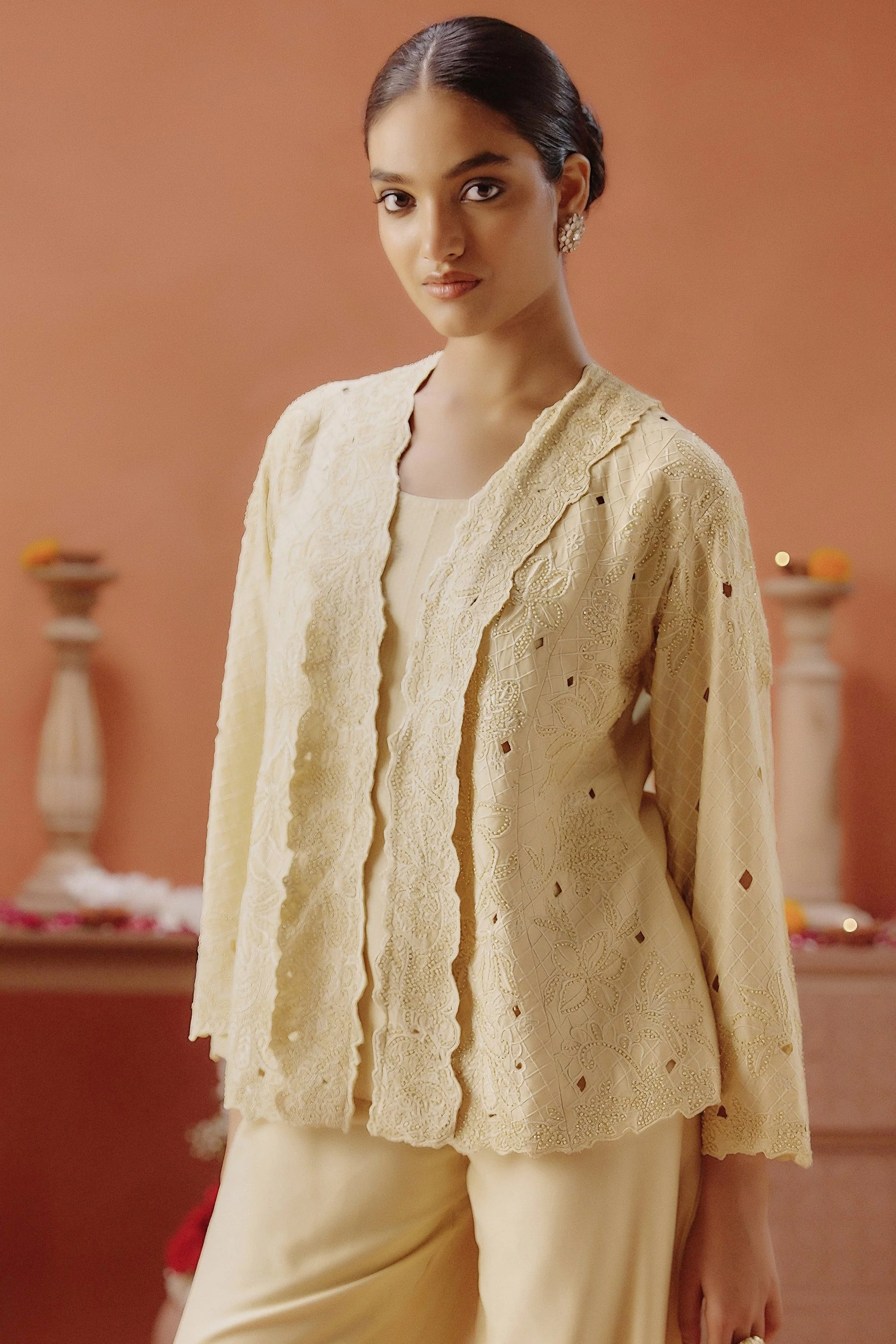 Pale Yellow Embroidered Chanderi Silk Co-Ord Set - Image 4