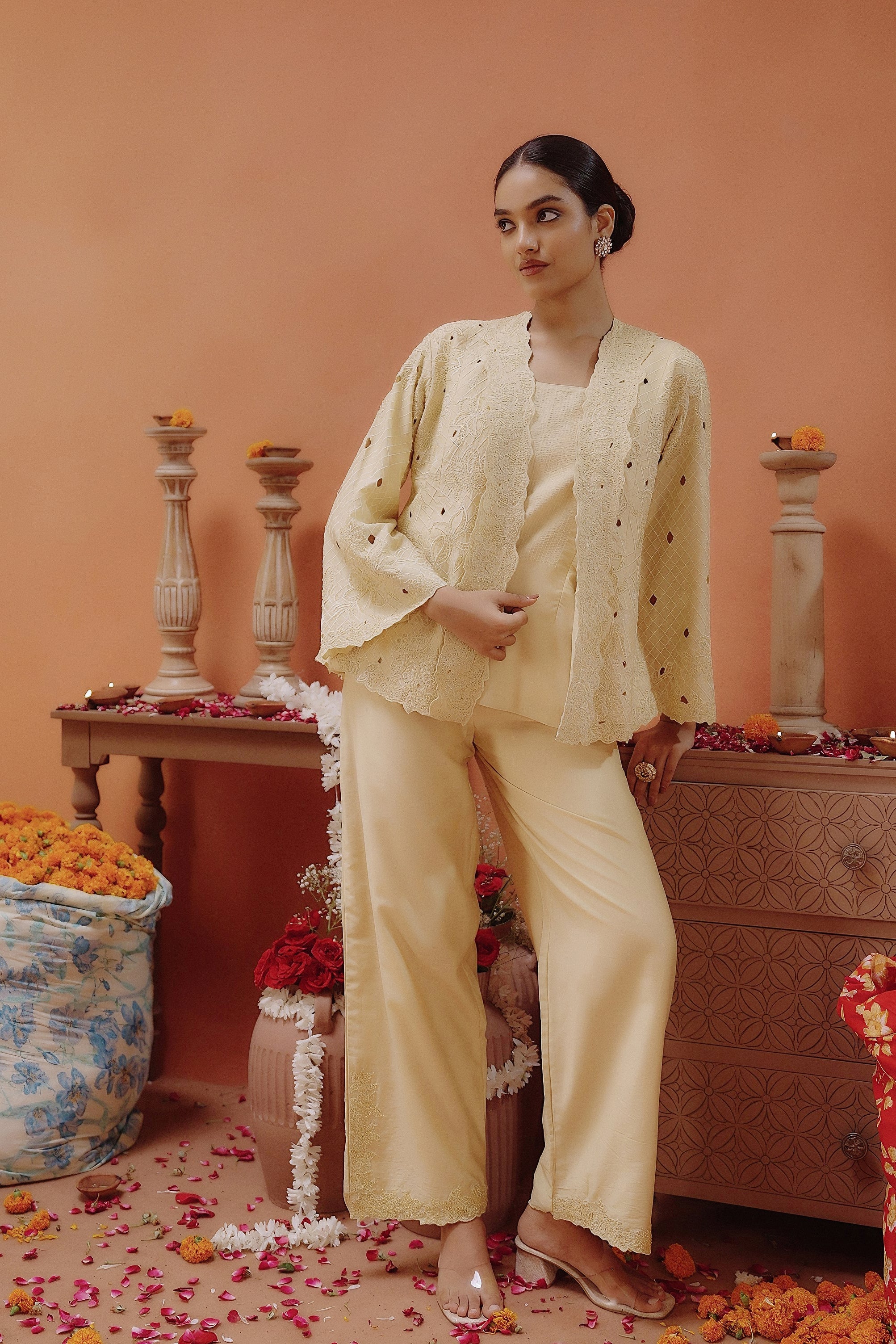 Pale Yellow Embroidered Chanderi Silk Co-Ord Set - Image 5