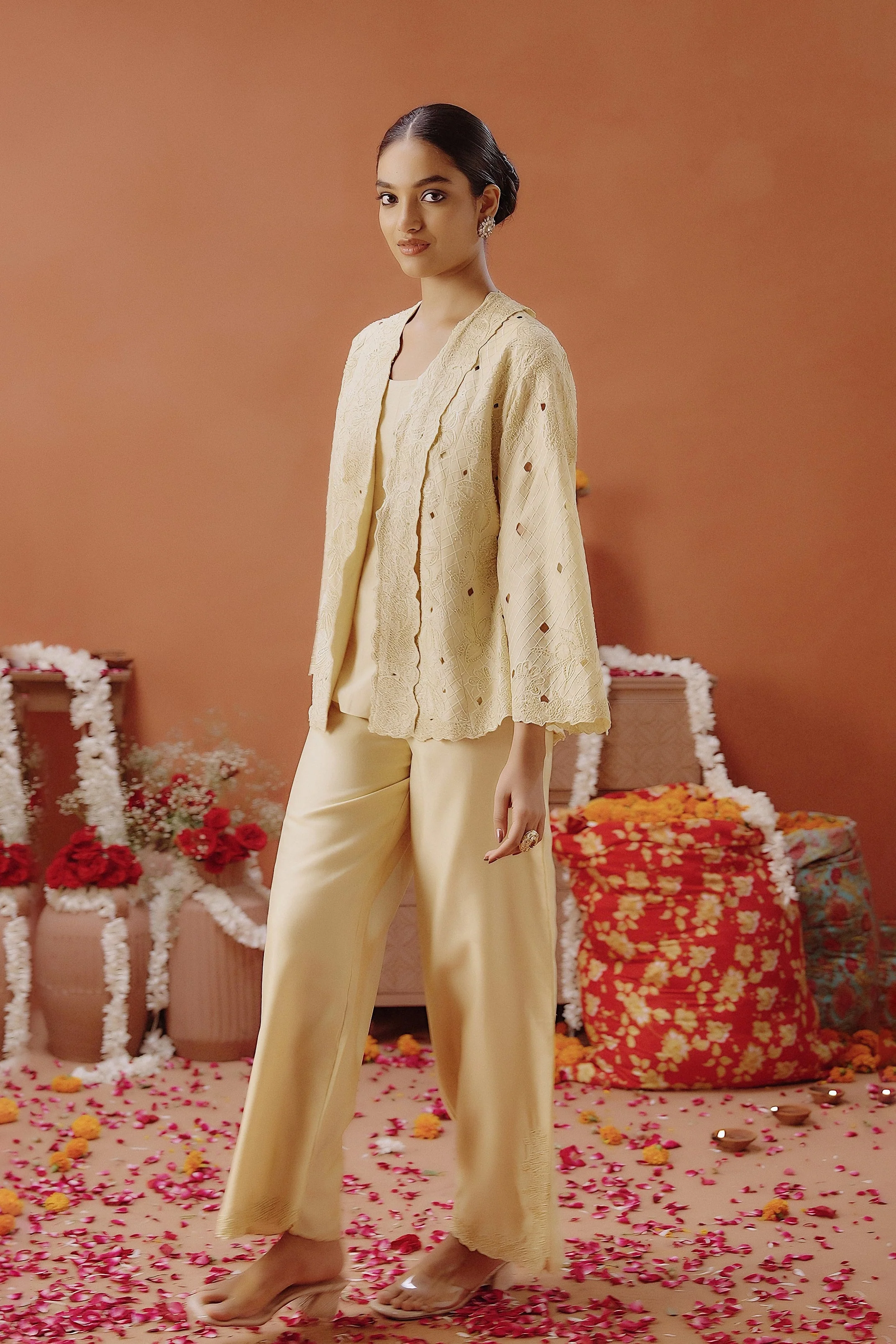 Pale Yellow Embroidered Chanderi Silk Co-Ord Set - Image 6