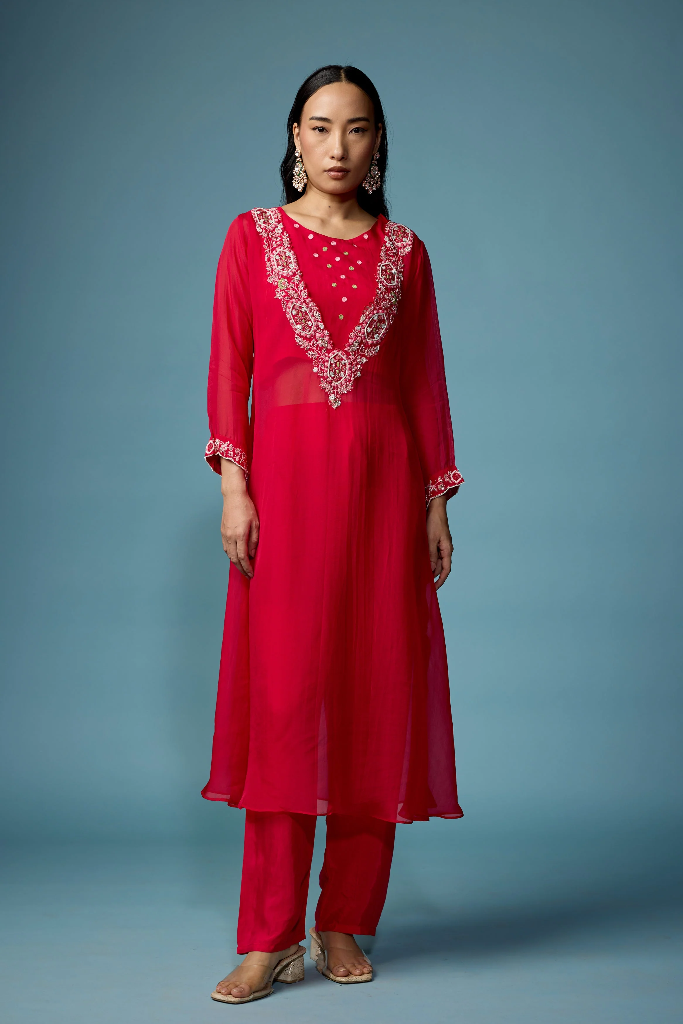 Raspberry Pink Embellished Soft Organza Silk Pant Set