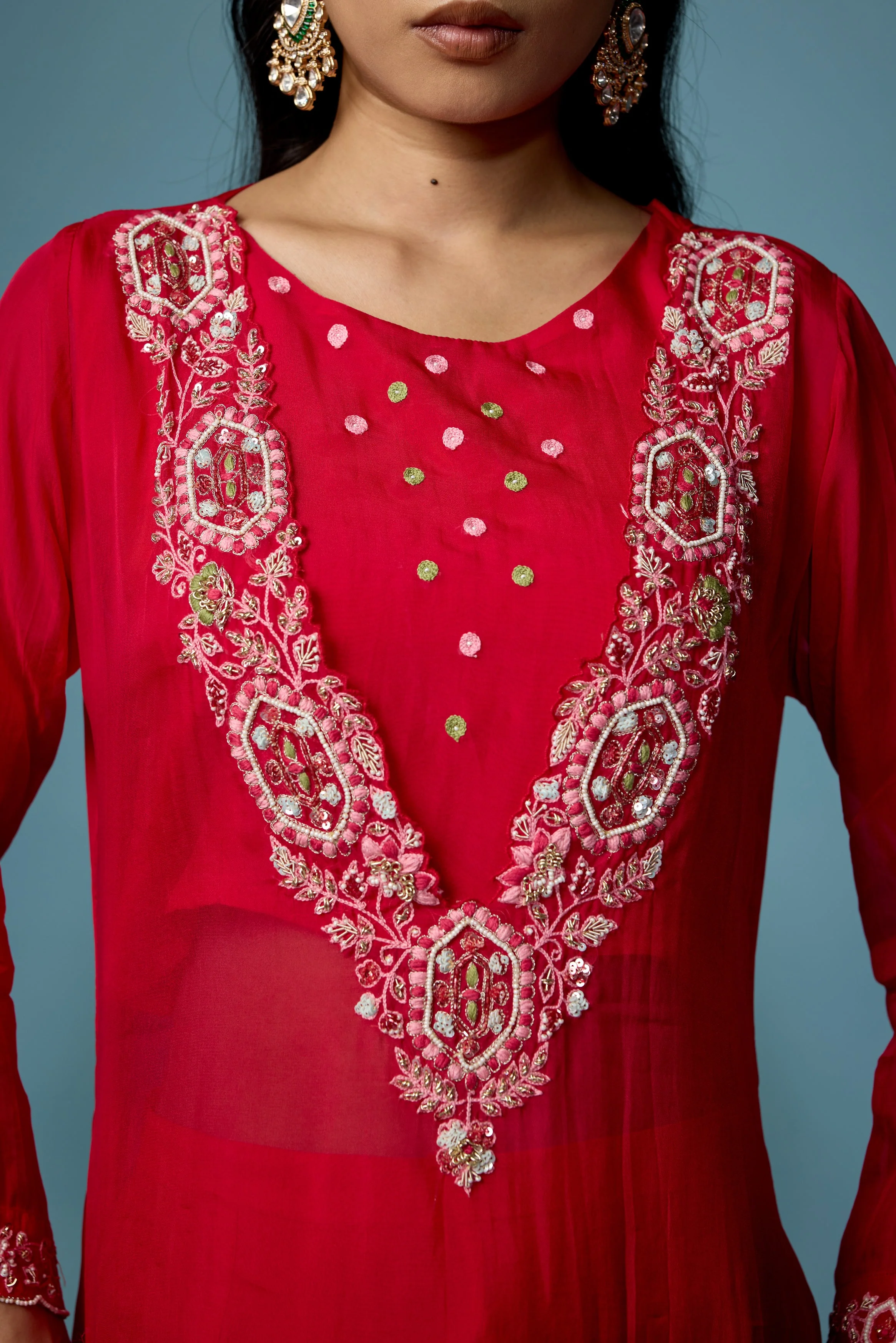 Raspberry Pink Embellished Soft Organza Silk Pant Set - Image 2