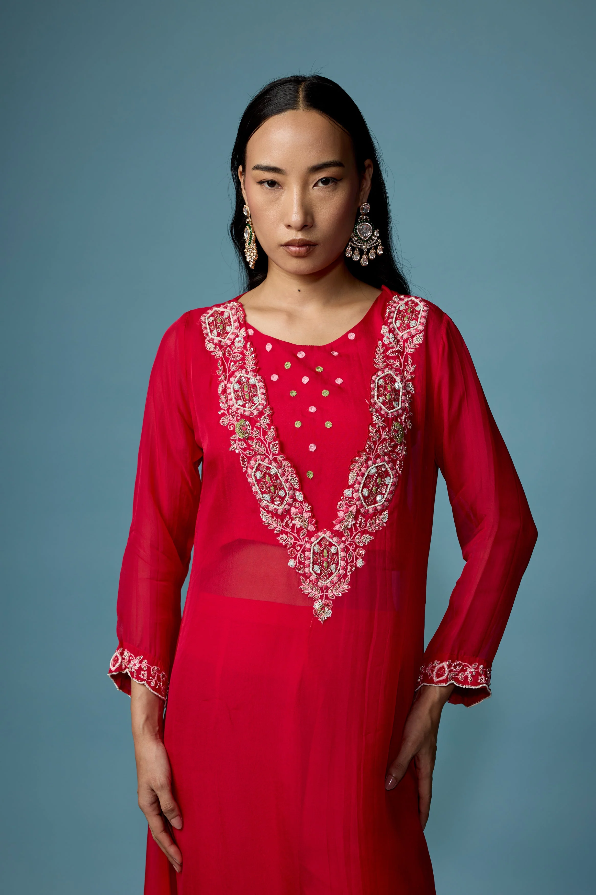 Raspberry Pink Embellished Soft Organza Silk Pant Set - Image 3