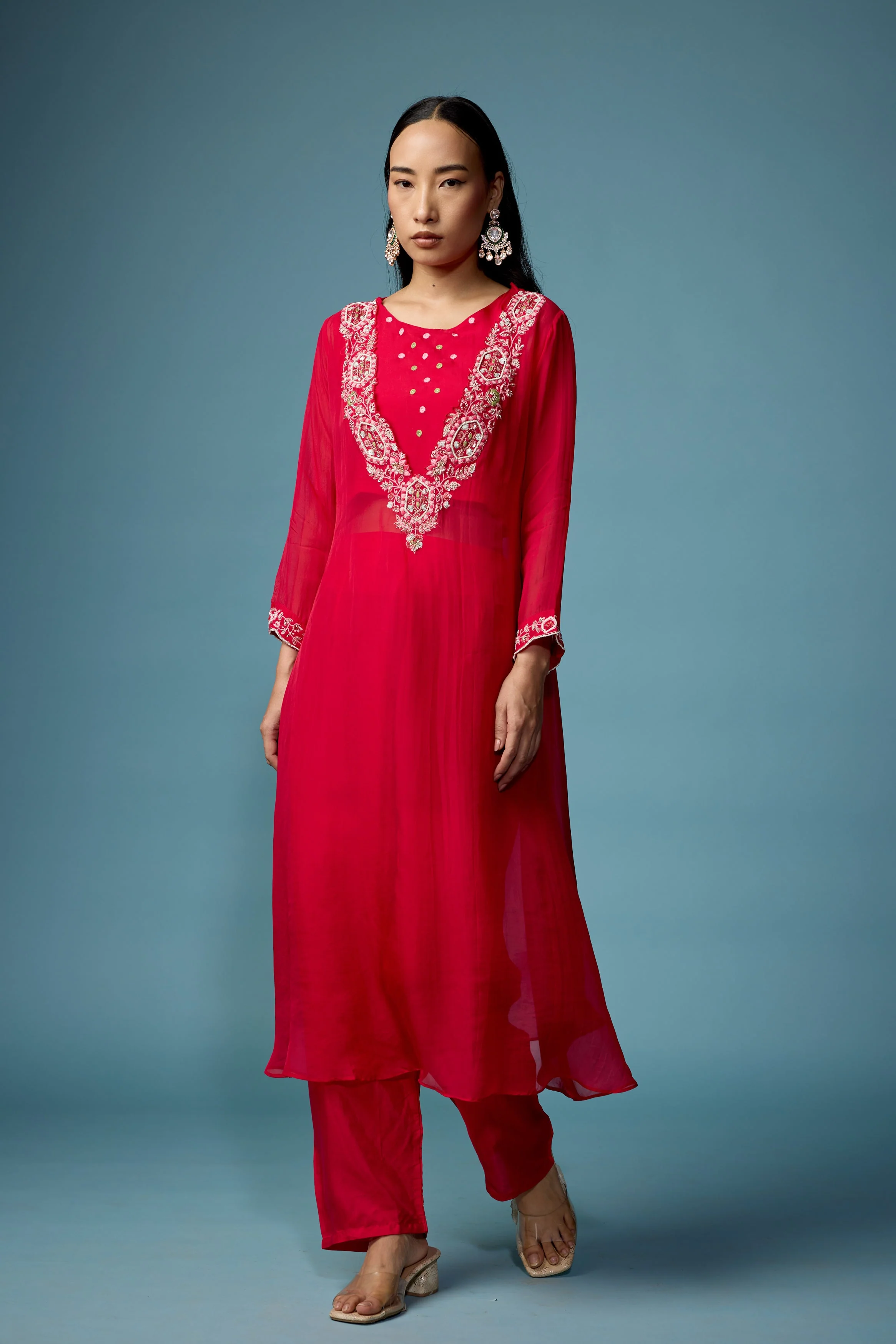 Raspberry Pink Embellished Soft Organza Silk Pant Set - Image 4