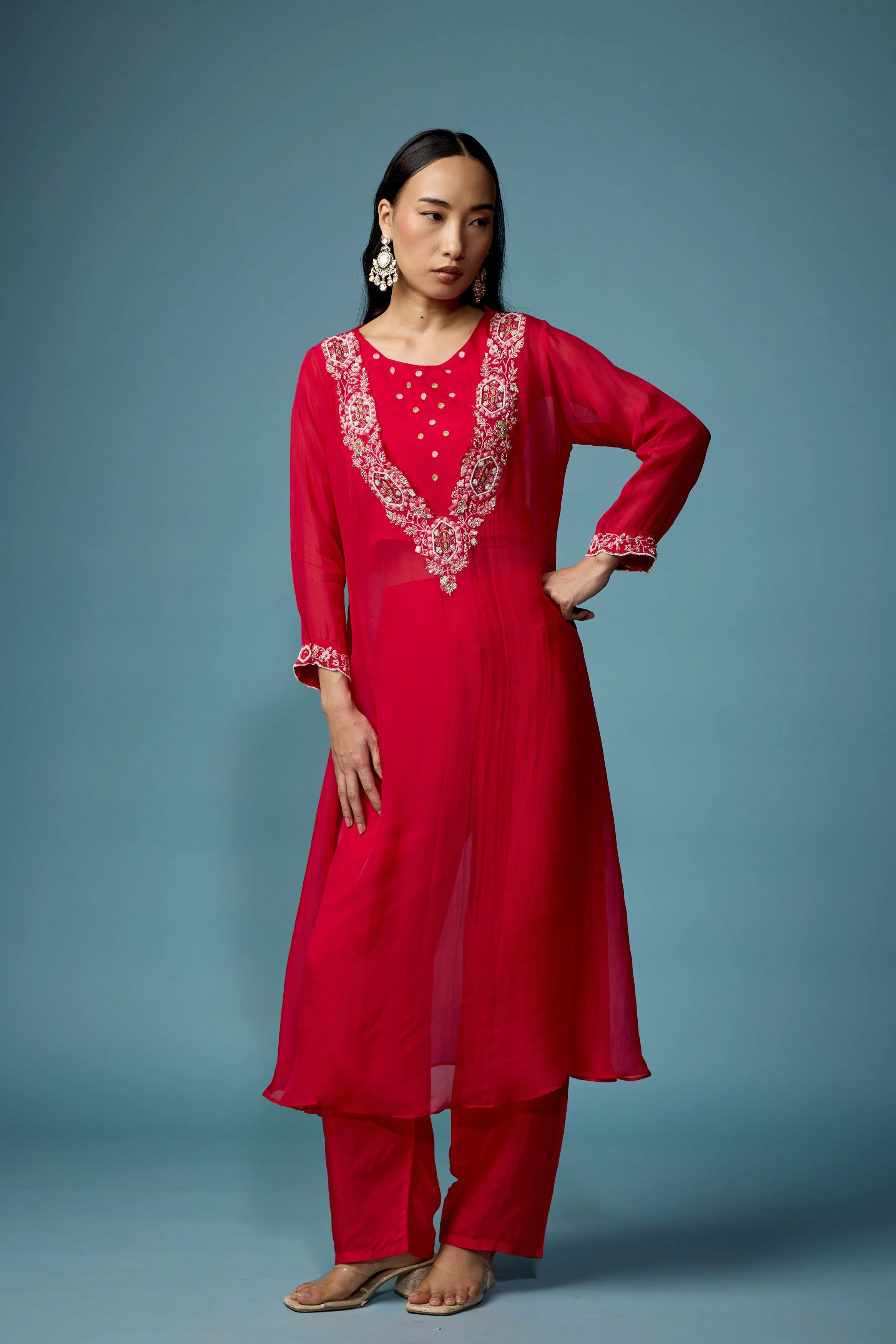 Raspberry Pink Embellished Soft Organza Silk Pant Set - Image 5