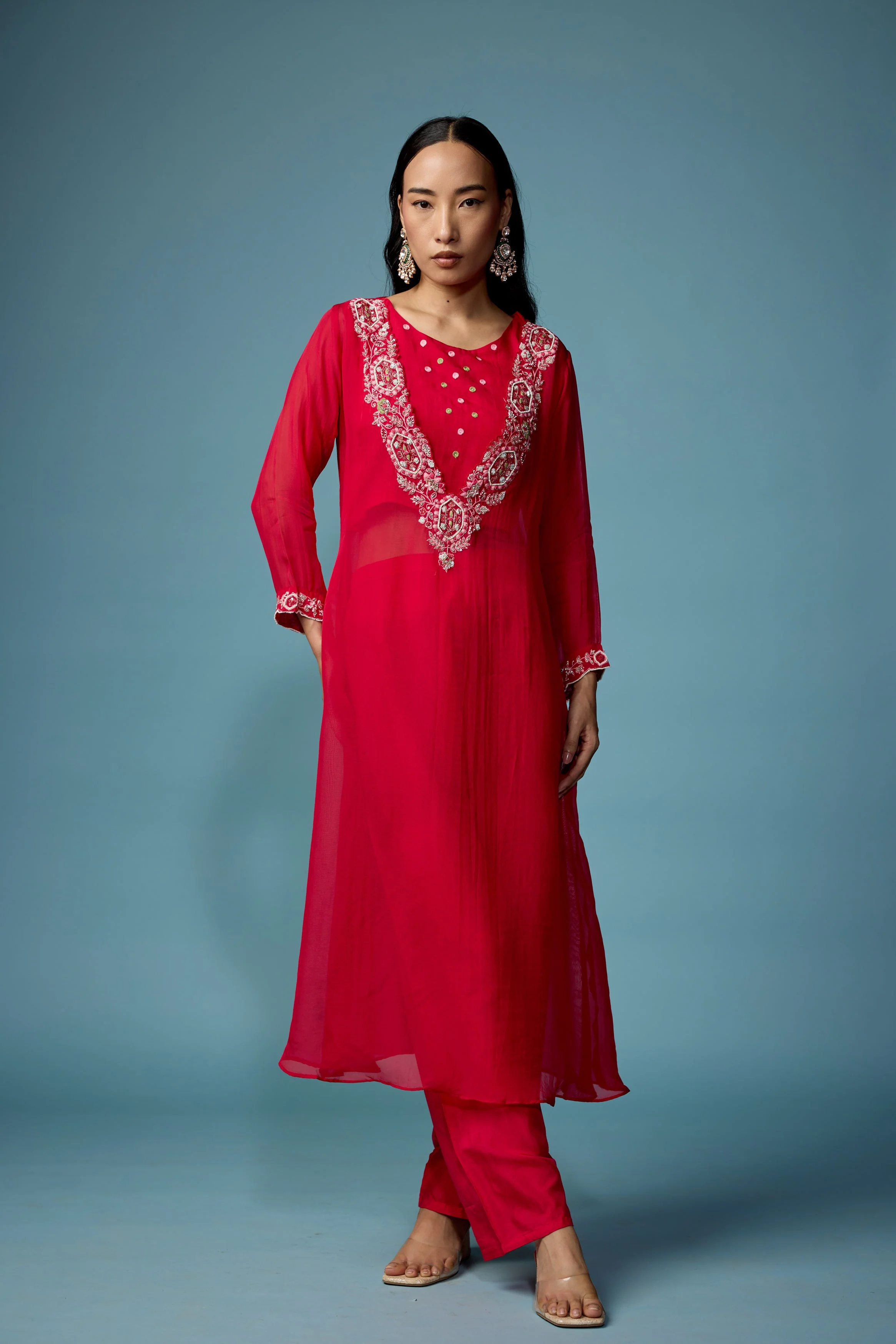 Raspberry Pink Embellished Soft Organza Silk Pant Set - Image 6