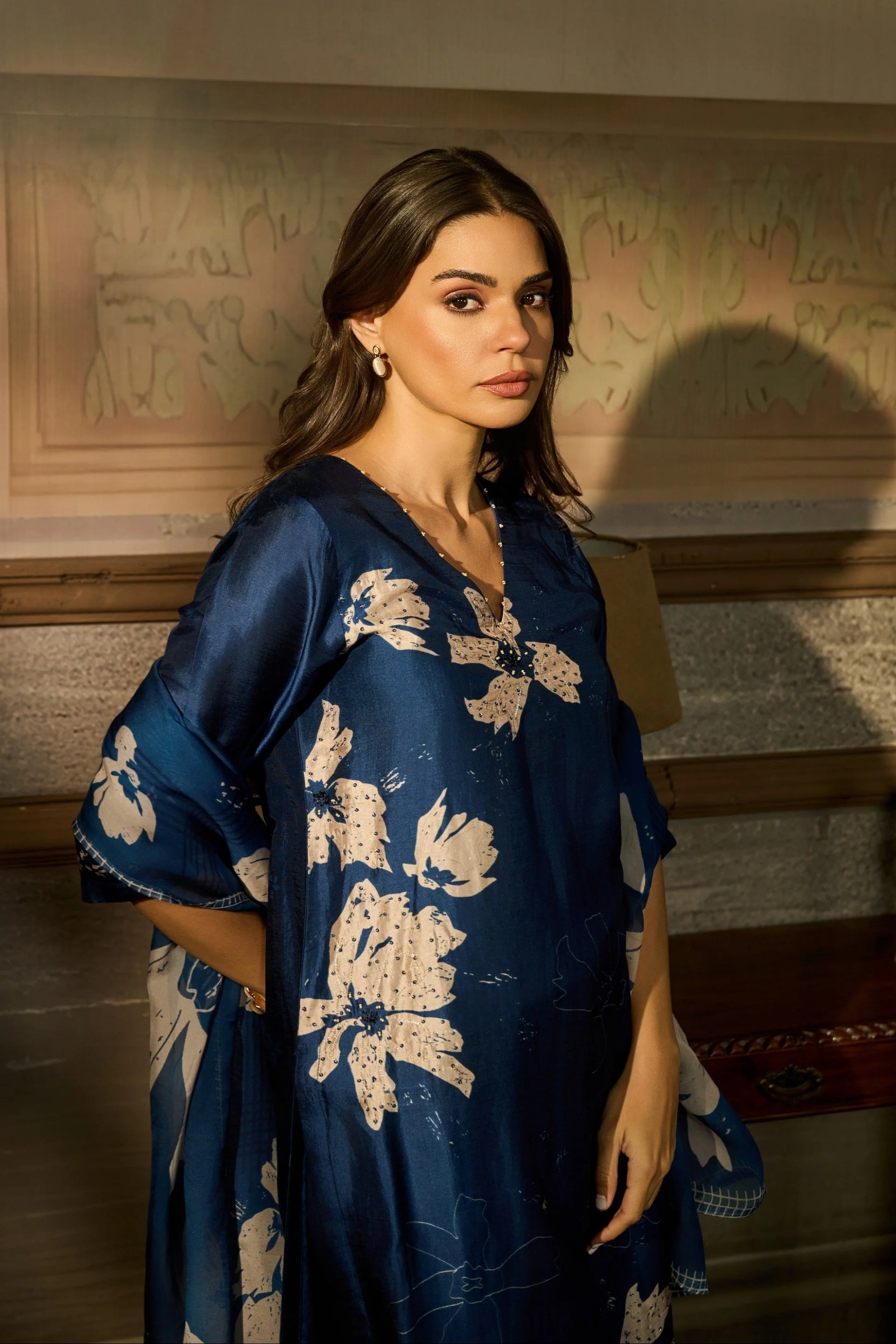 Navy Blue Printed Premium Silk Pant Set - Image 2