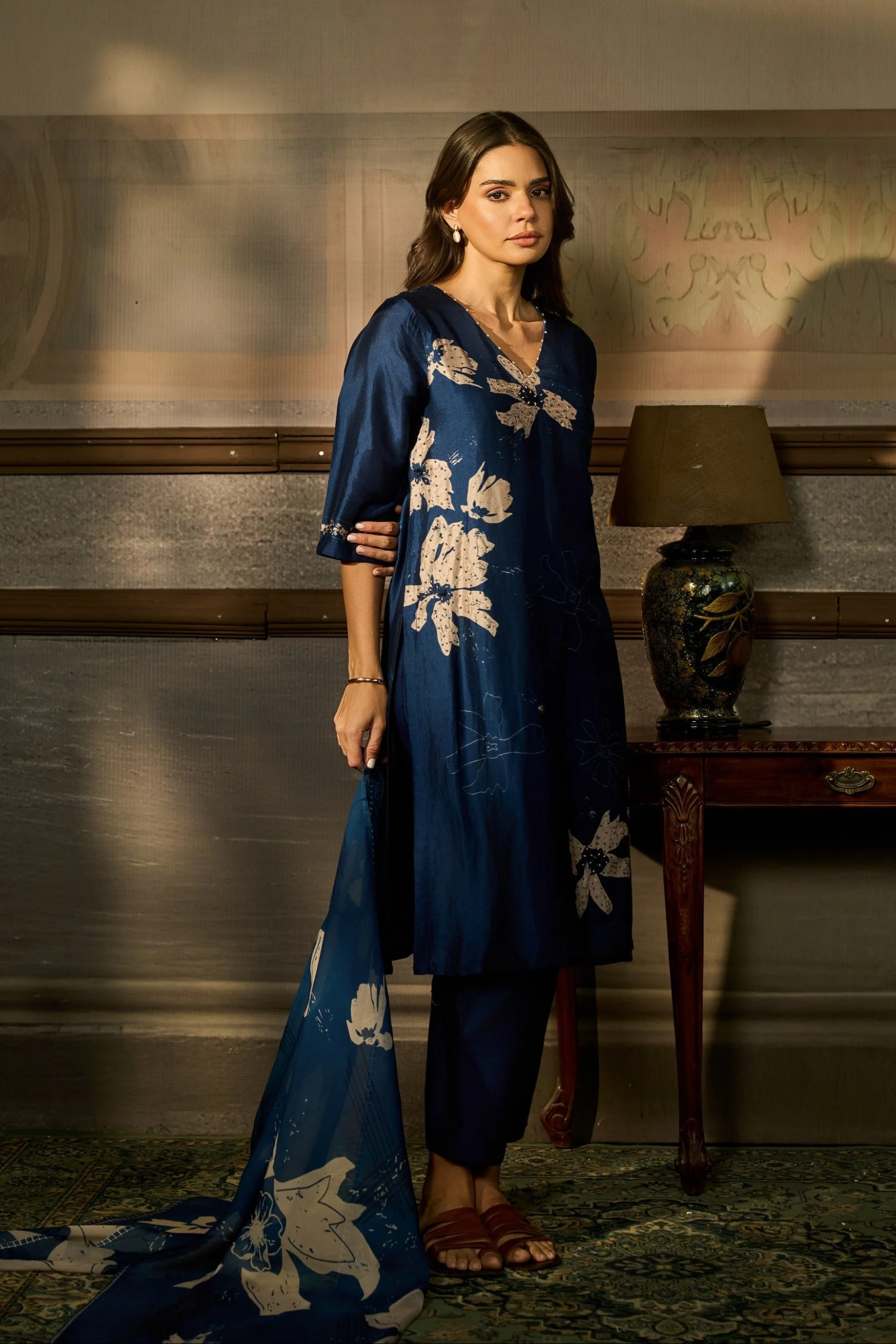 Navy Blue Printed Premium Silk Pant Set - Image 3