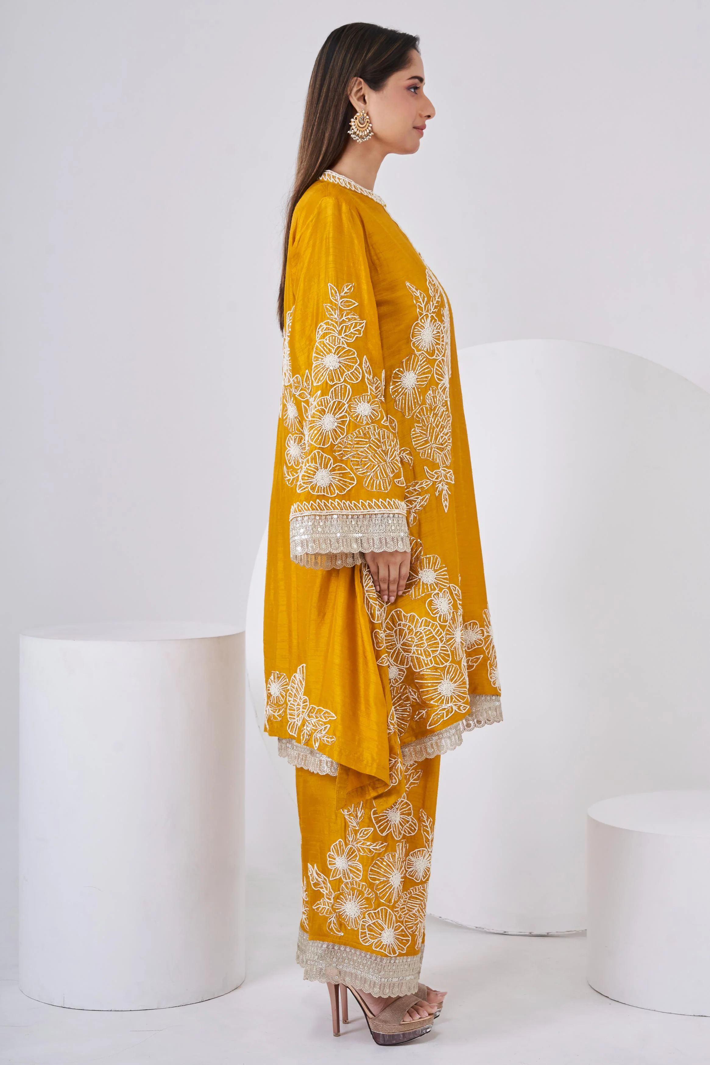 Deep Yellow Embellished Chinon Silk Co-Ord Set - Image 3