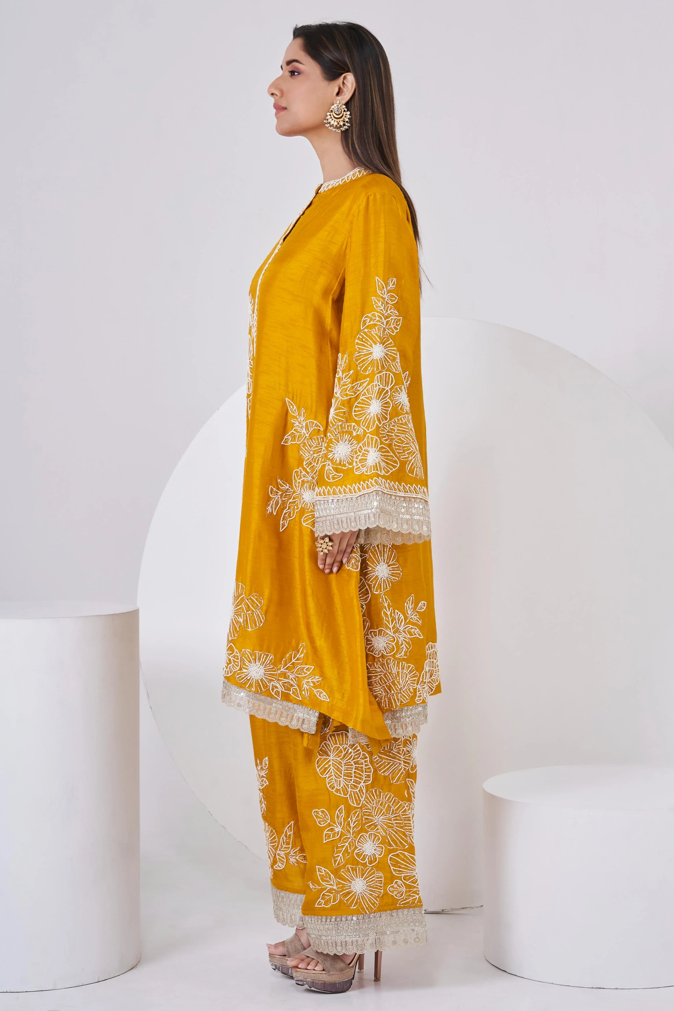 Deep Yellow Embellished Chinon Silk Co-Ord Set - Image 4