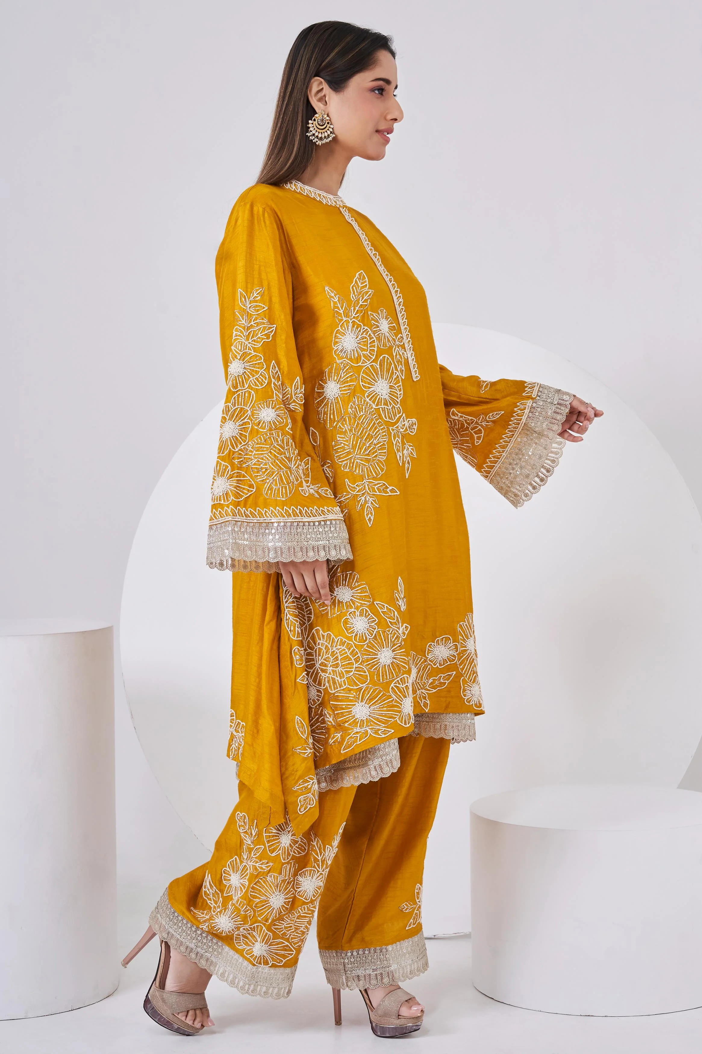 Deep Yellow Embellished Chinon Silk Co-Ord Set - Image 5