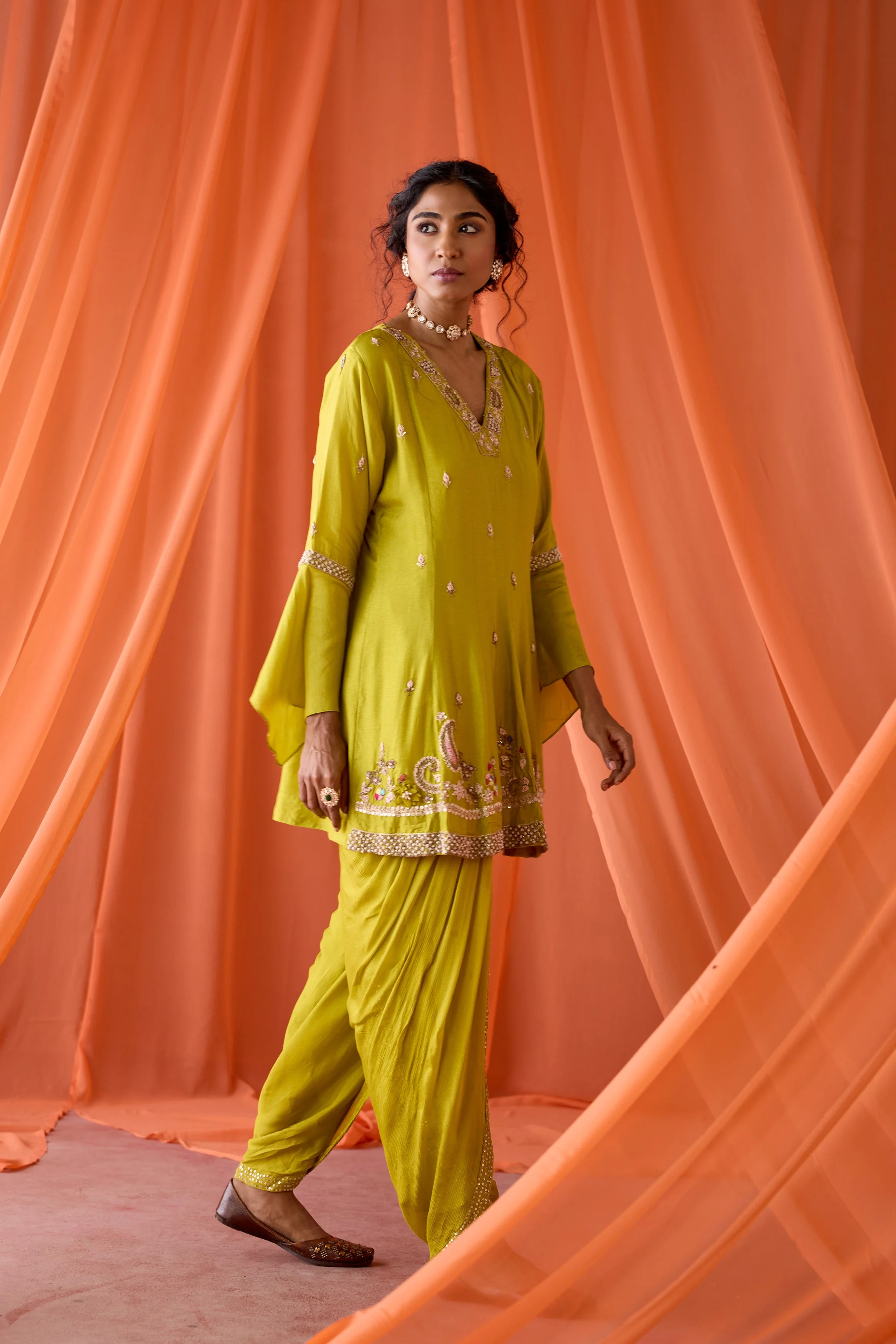 Parrot Green Embellished Chinon Silk Dhoti Set - Image 4