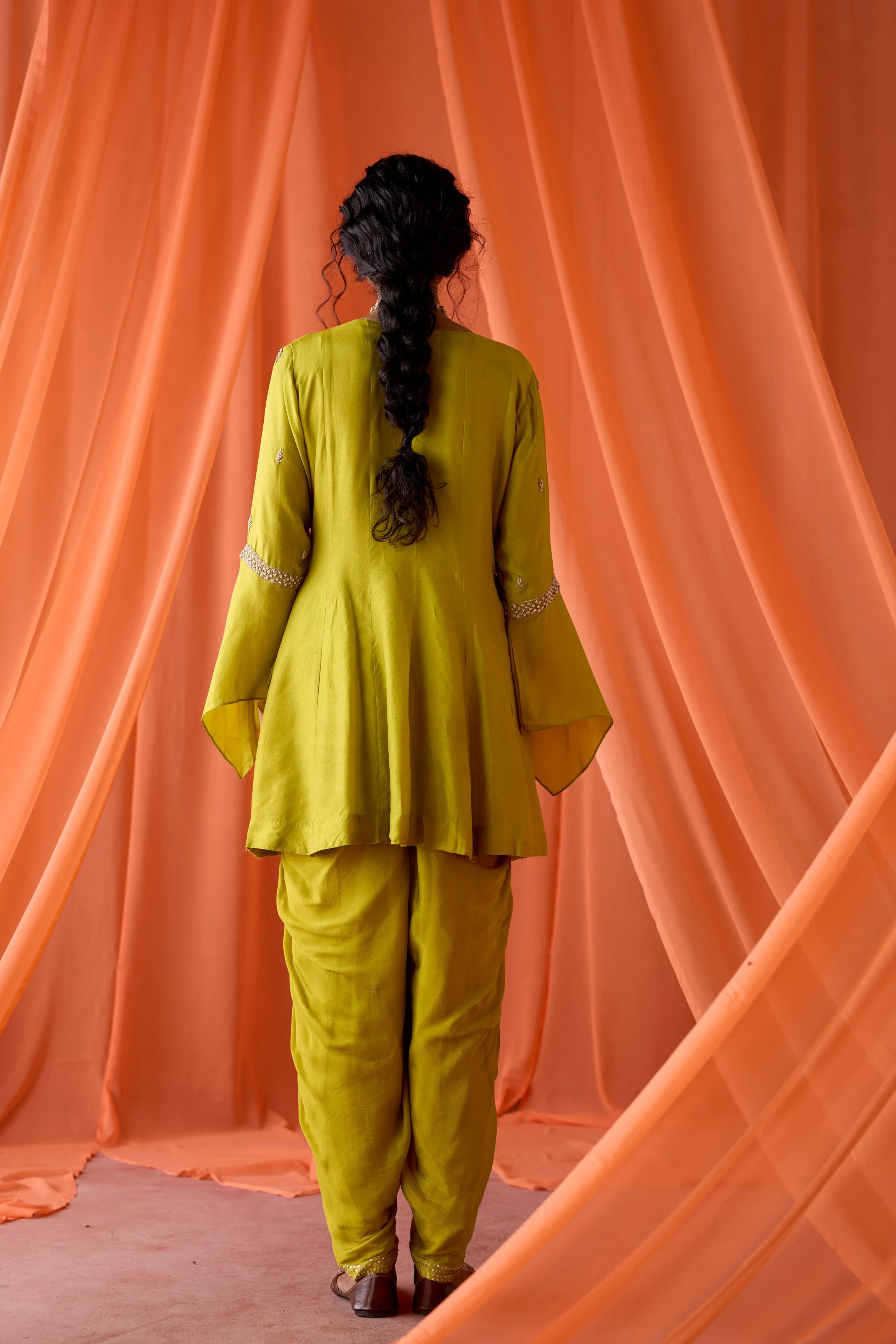 Parrot Green Embellished Chinon Silk Dhoti Set - Image 5