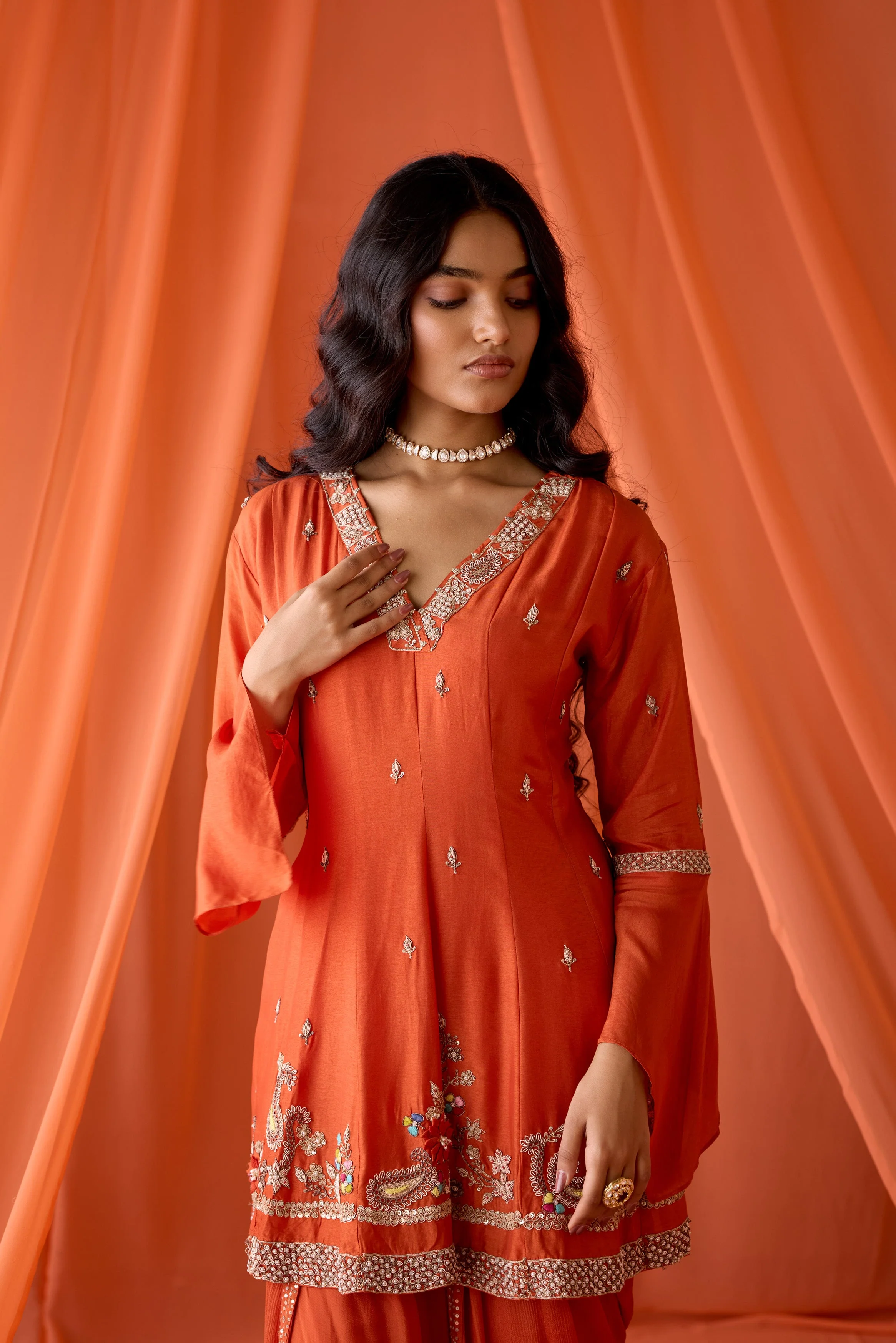 Dusky Orange Embellished Chinon Silk Dhoti Set - Image 3