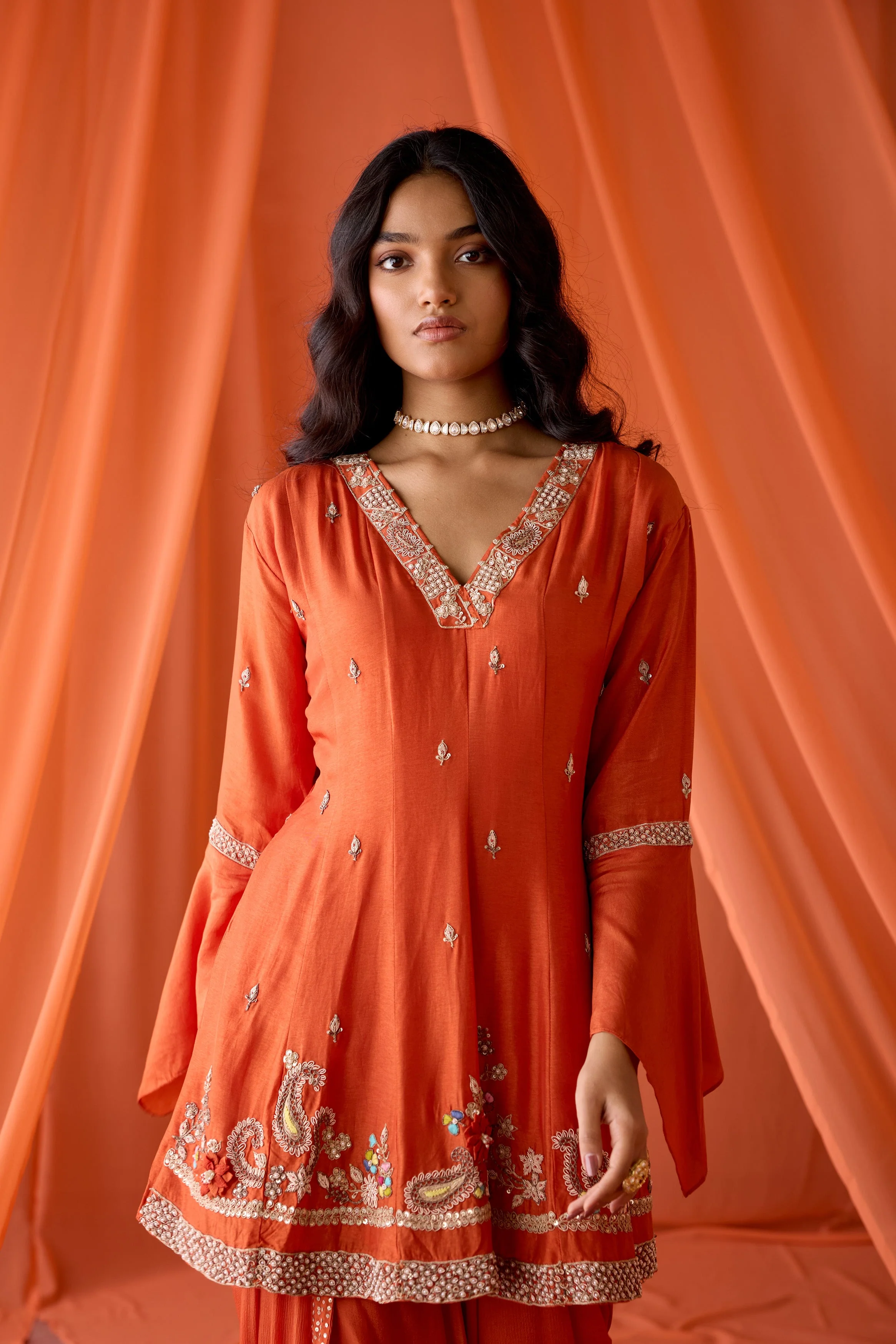 Dusky Orange Embellished Chinon Silk Dhoti Set - Image 4
