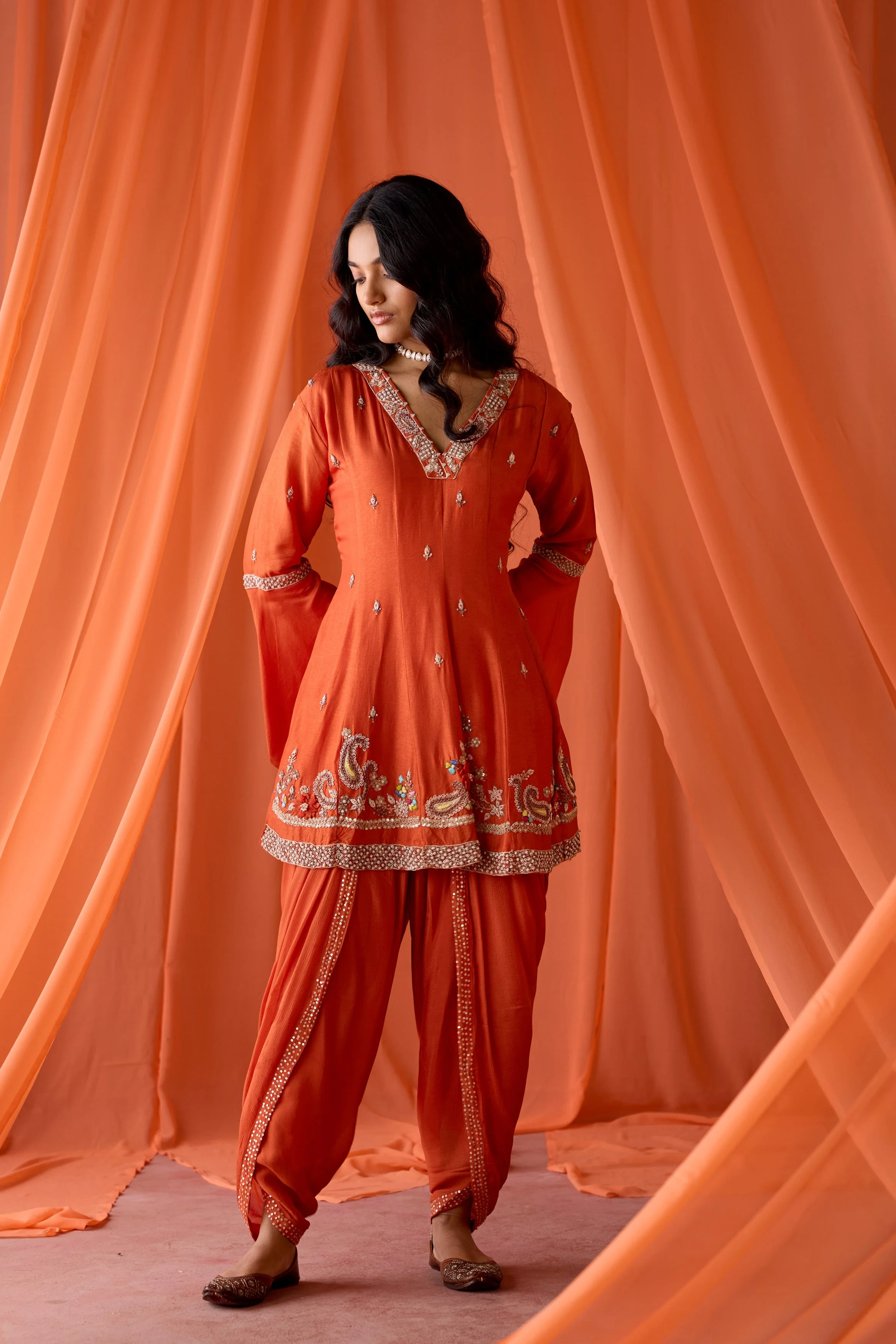 Dusky Orange Embellished Chinon Silk Dhoti Set - Image 5