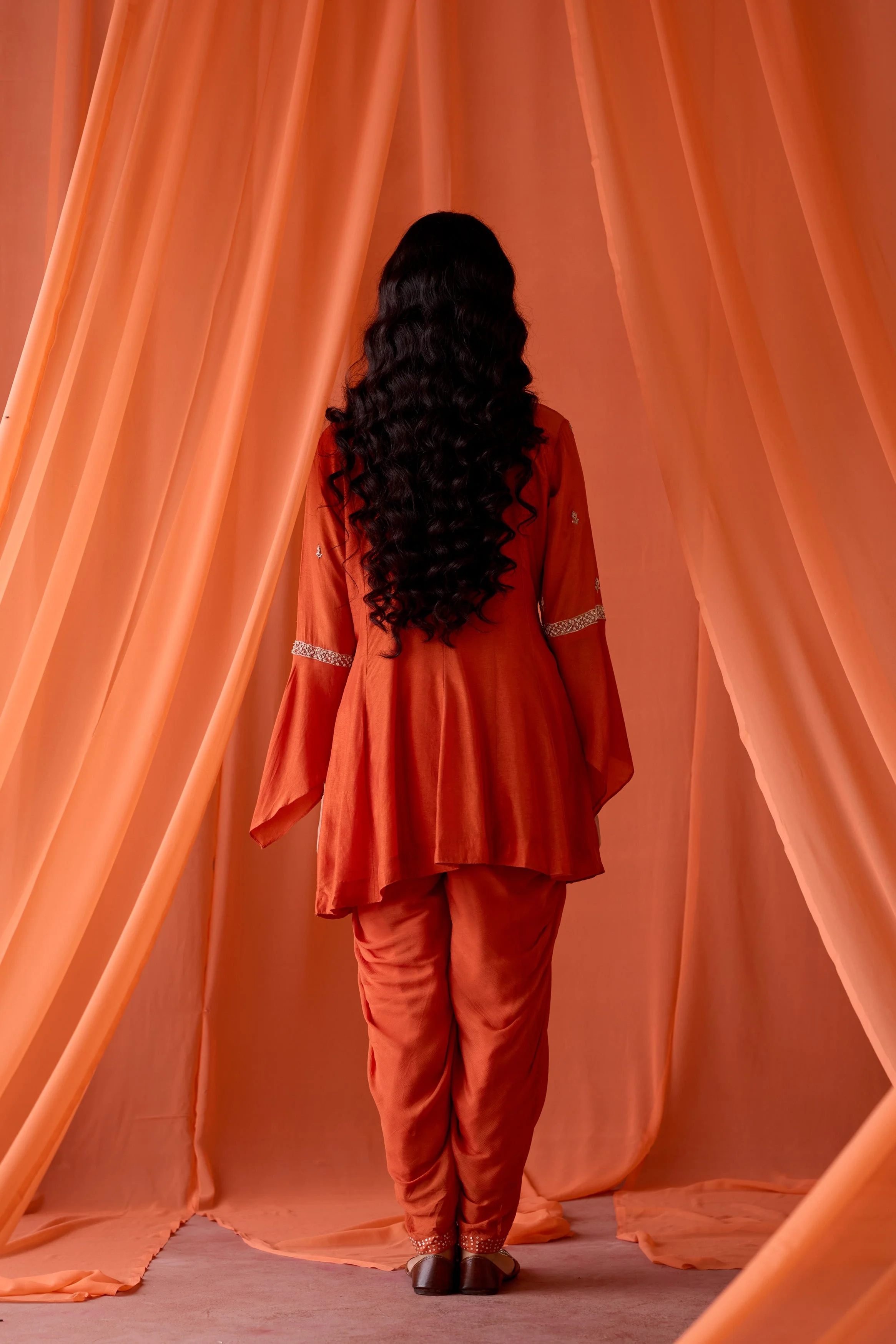 Dusky Orange Embellished Chinon Silk Dhoti Set - Image 6