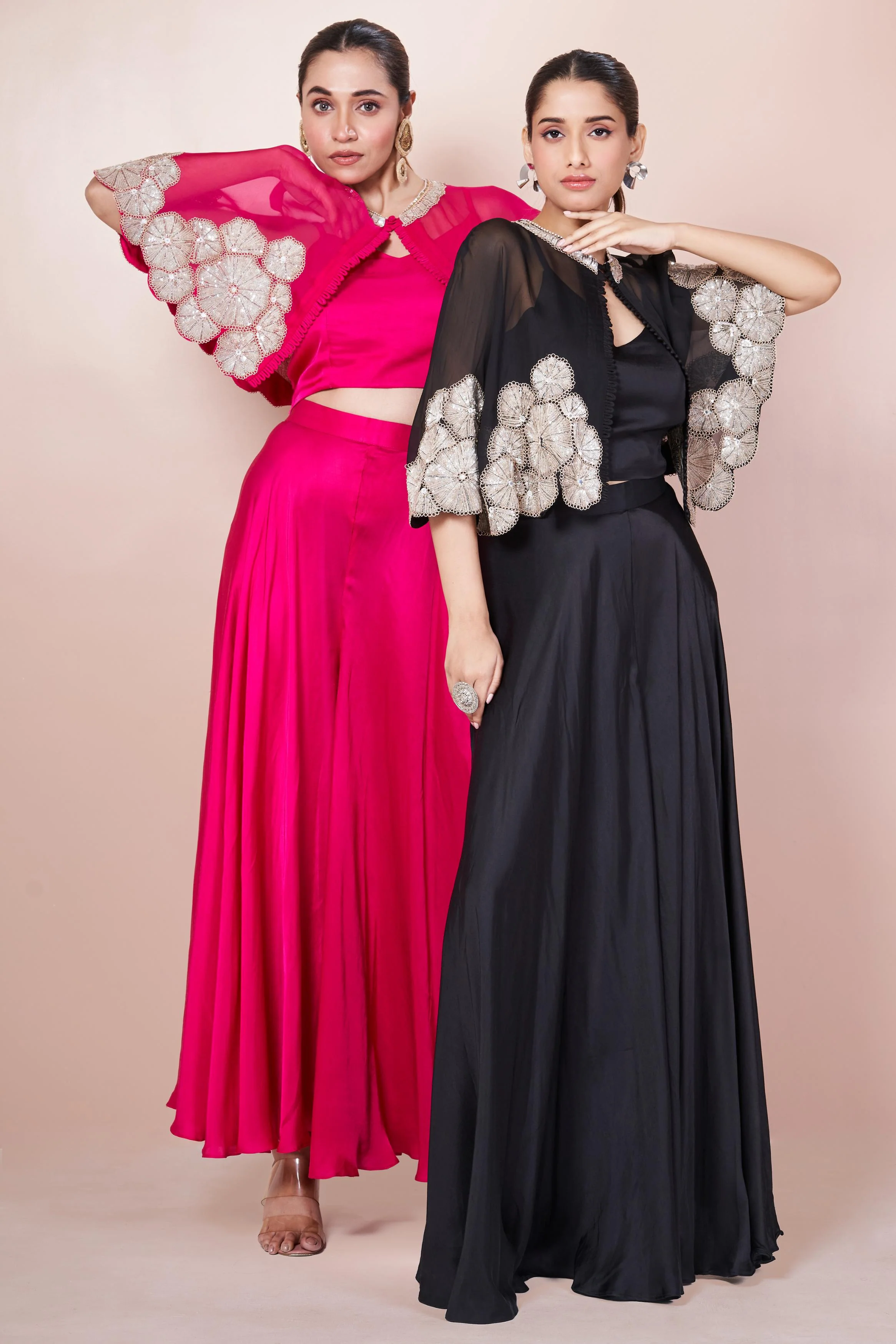 Dark Black Embellished Italian Silk Palazzo Set - Image 3