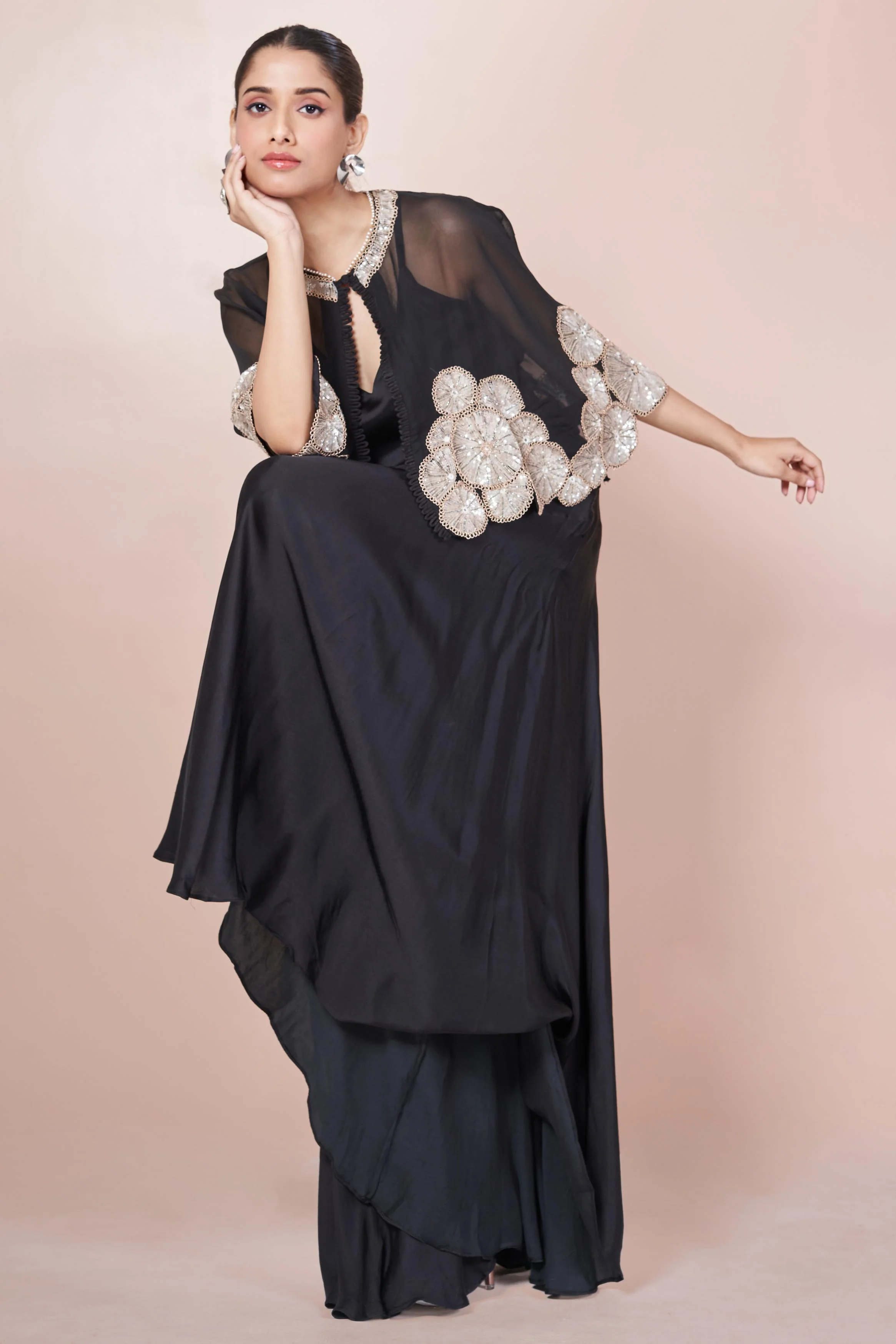Dark Black Embellished Italian Silk Palazzo Set - Image 4
