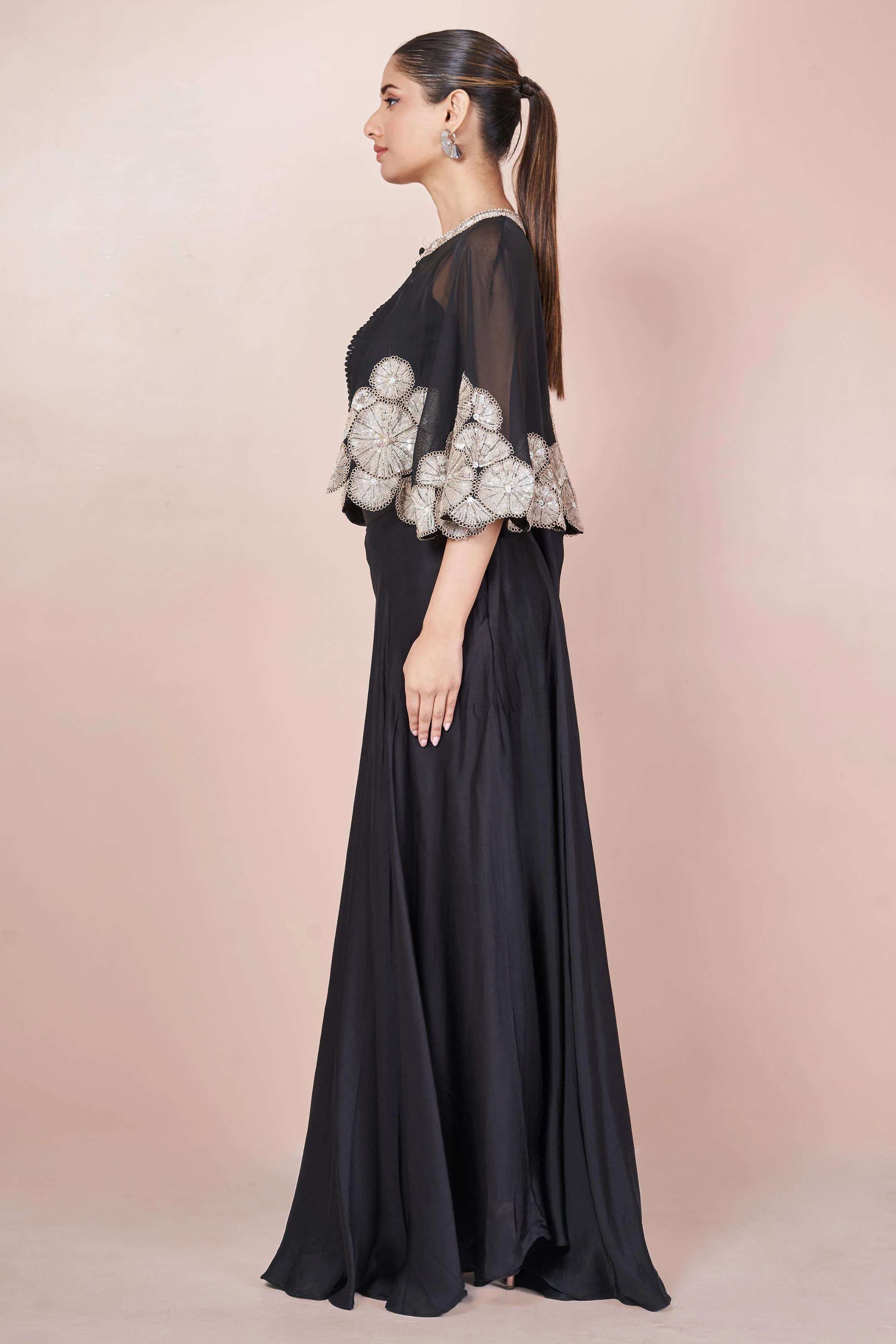 Dark Black Embellished Italian Silk Palazzo Set - Image 5