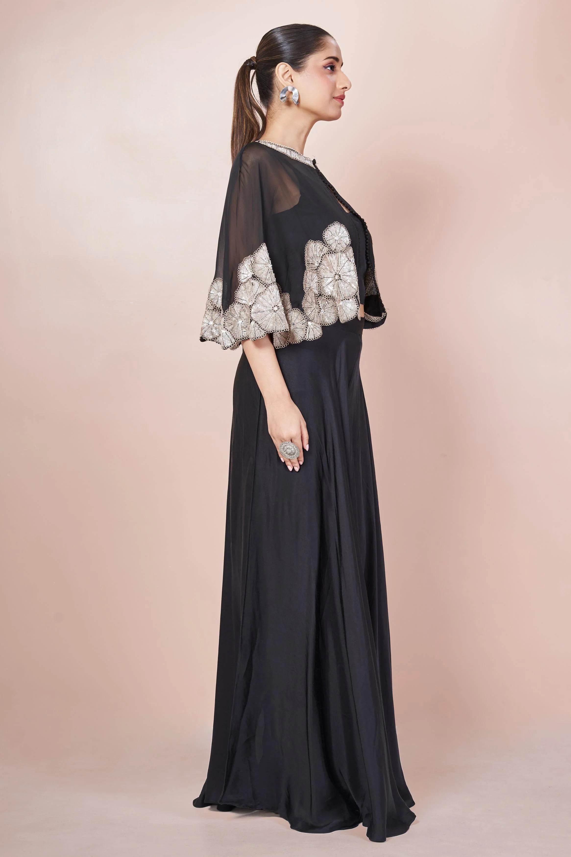 Dark Black Embellished Italian Silk Palazzo Set - Image 6