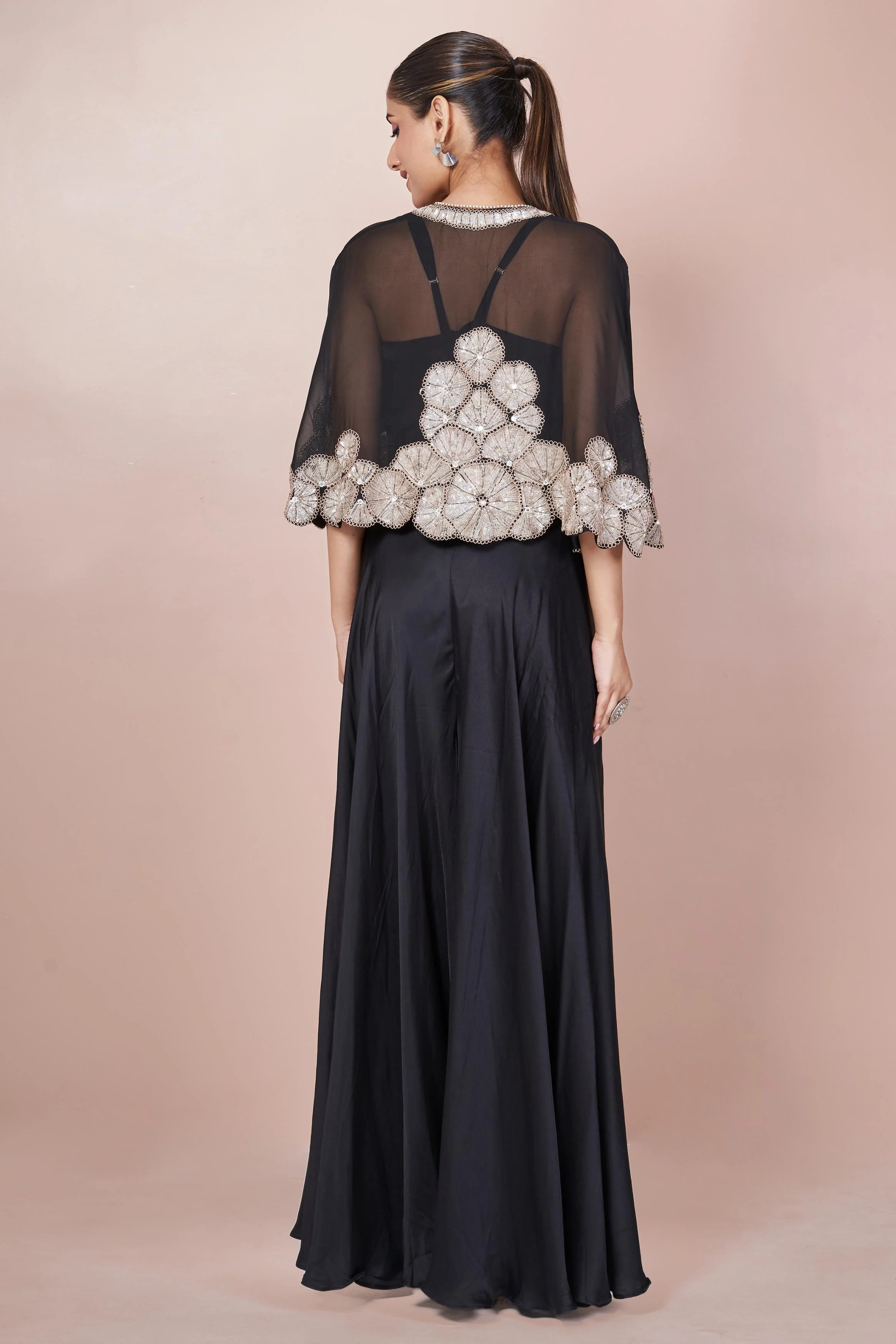 Dark Black Embellished Italian Silk Palazzo Set - Image 7
