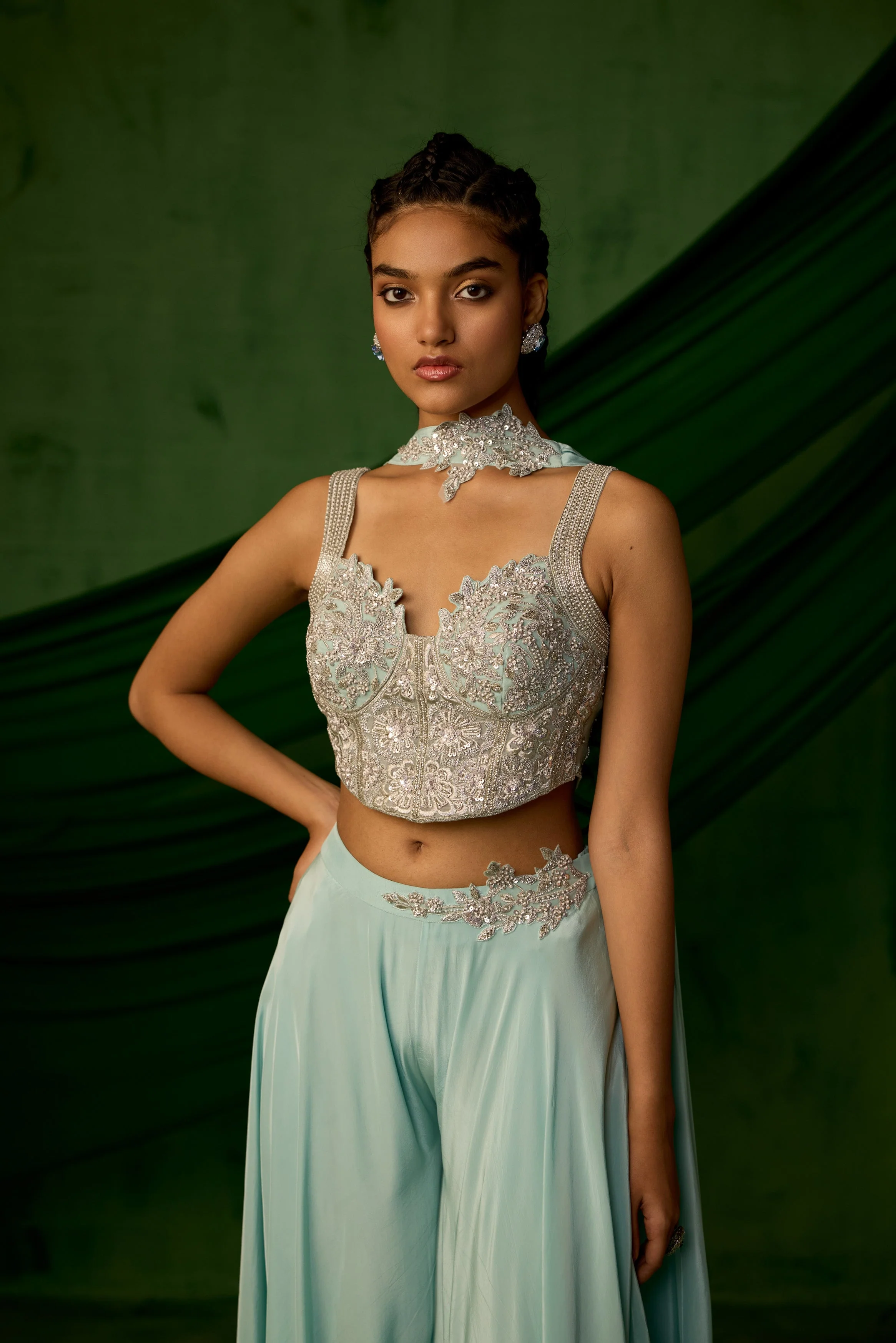 Sky Blue Embellished Satin Silk Palazzo Set - Image 3
