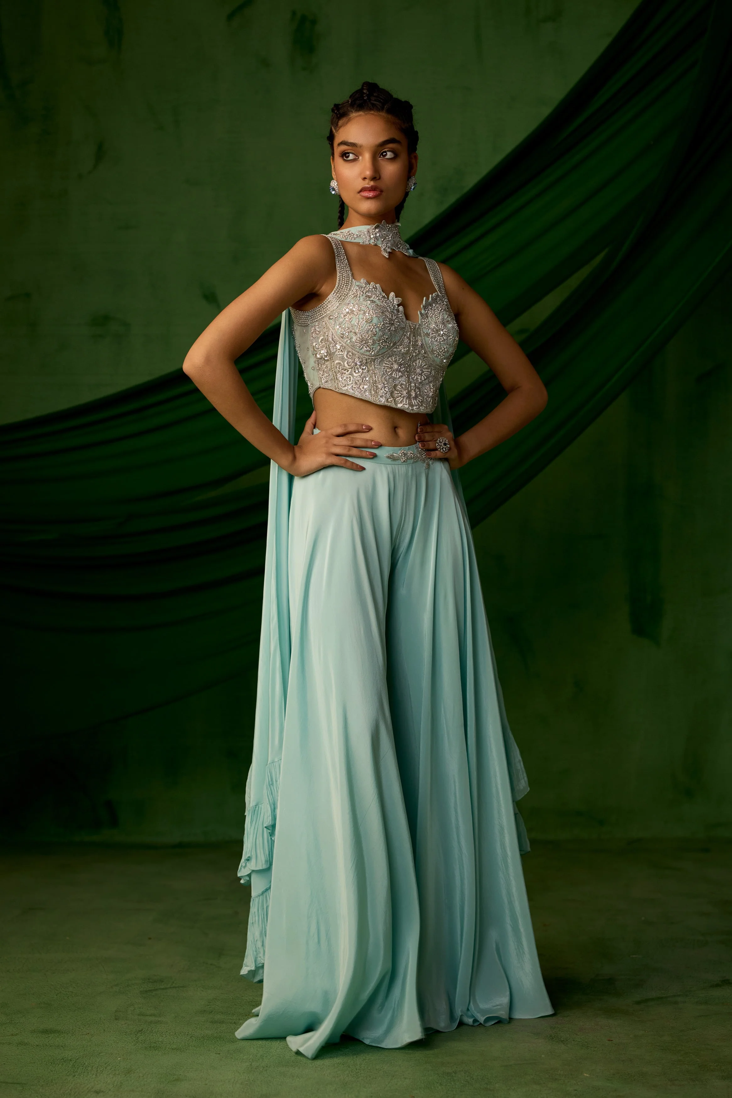 Sky Blue Embellished Satin Silk Palazzo Set - Image 4