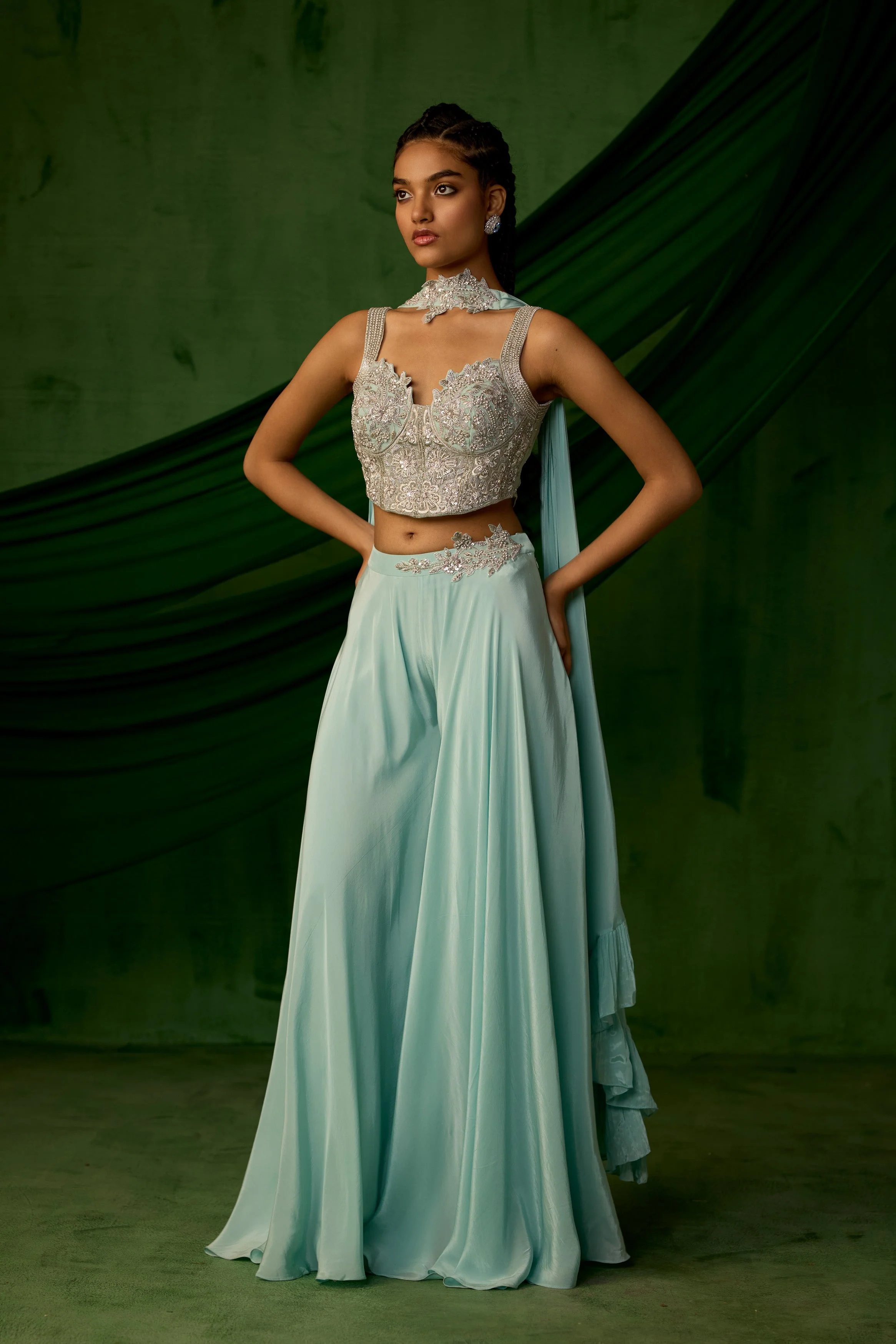 Sky Blue Embellished Satin Silk Palazzo Set - Image 5