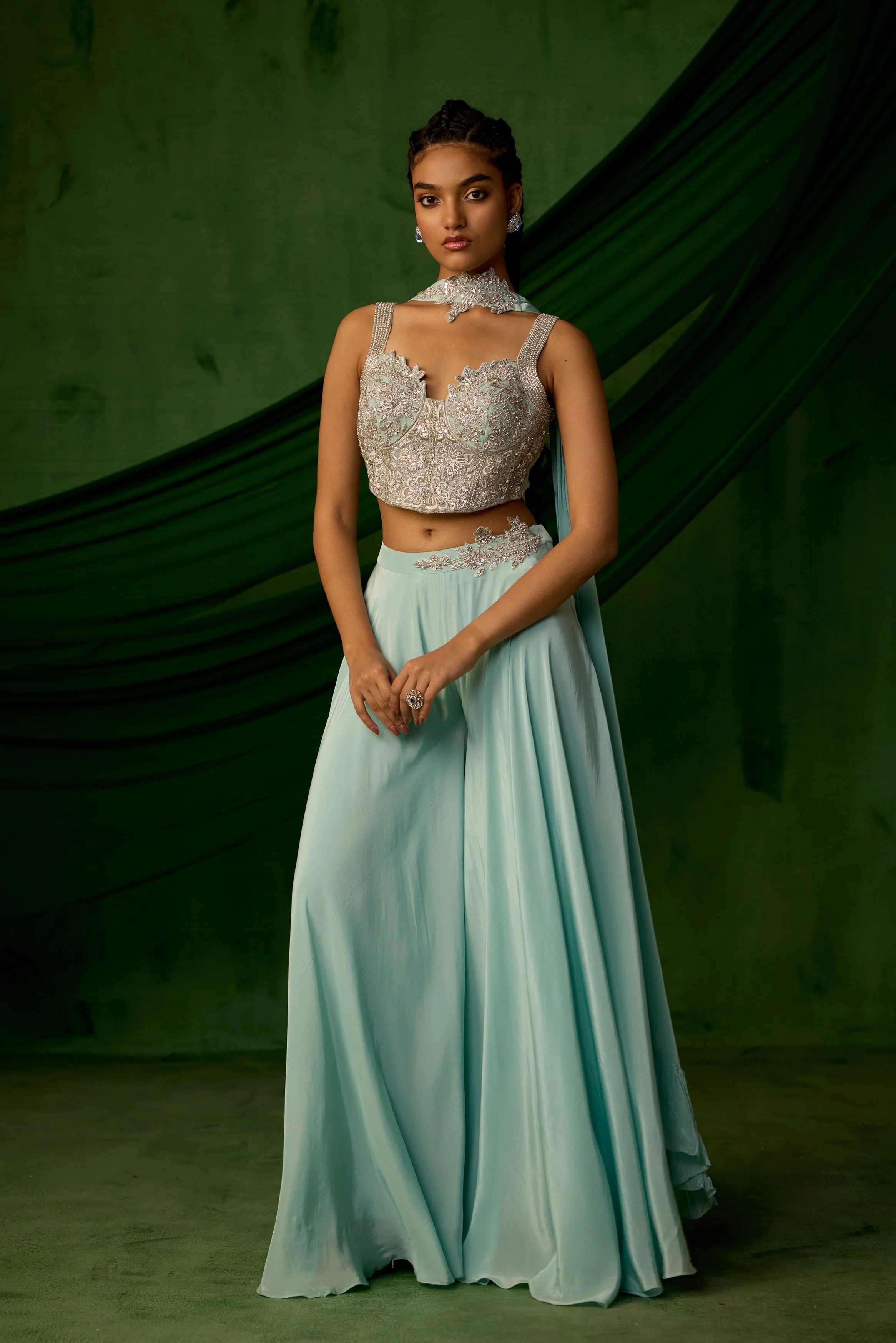 Sky Blue Embellished Satin Silk Palazzo Set - Image 6