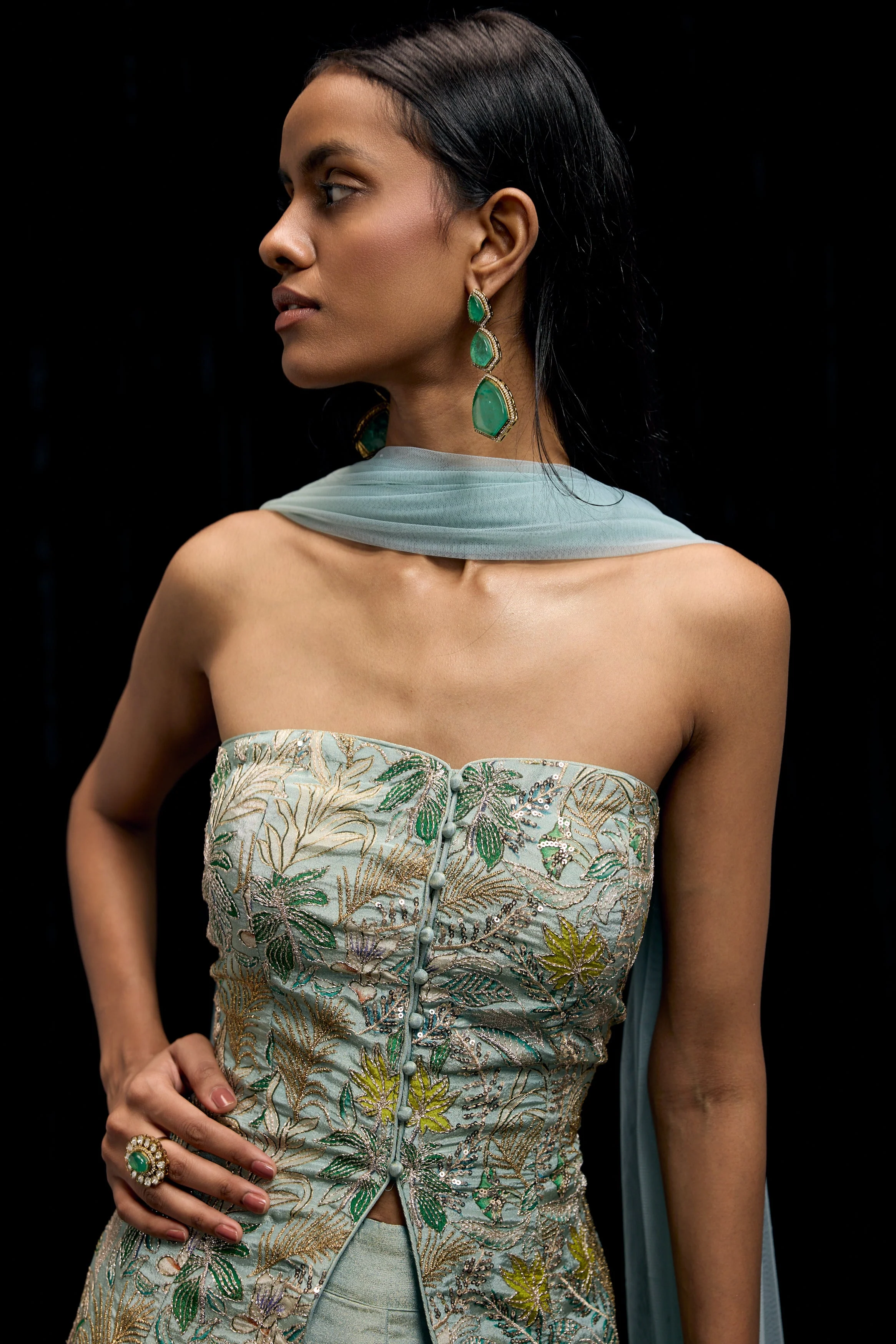 Pastel Blue Embellished Shimmer Tissue Silk Palazzo Set - Image 2