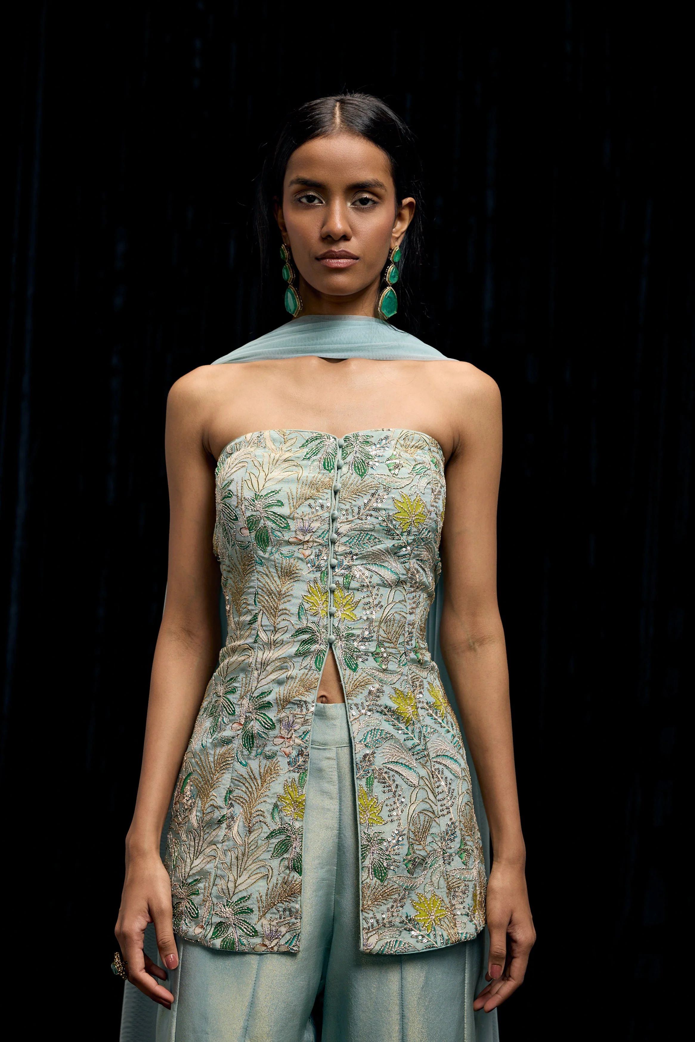 Pastel Blue Embellished Shimmer Tissue Silk Palazzo Set - Image 3