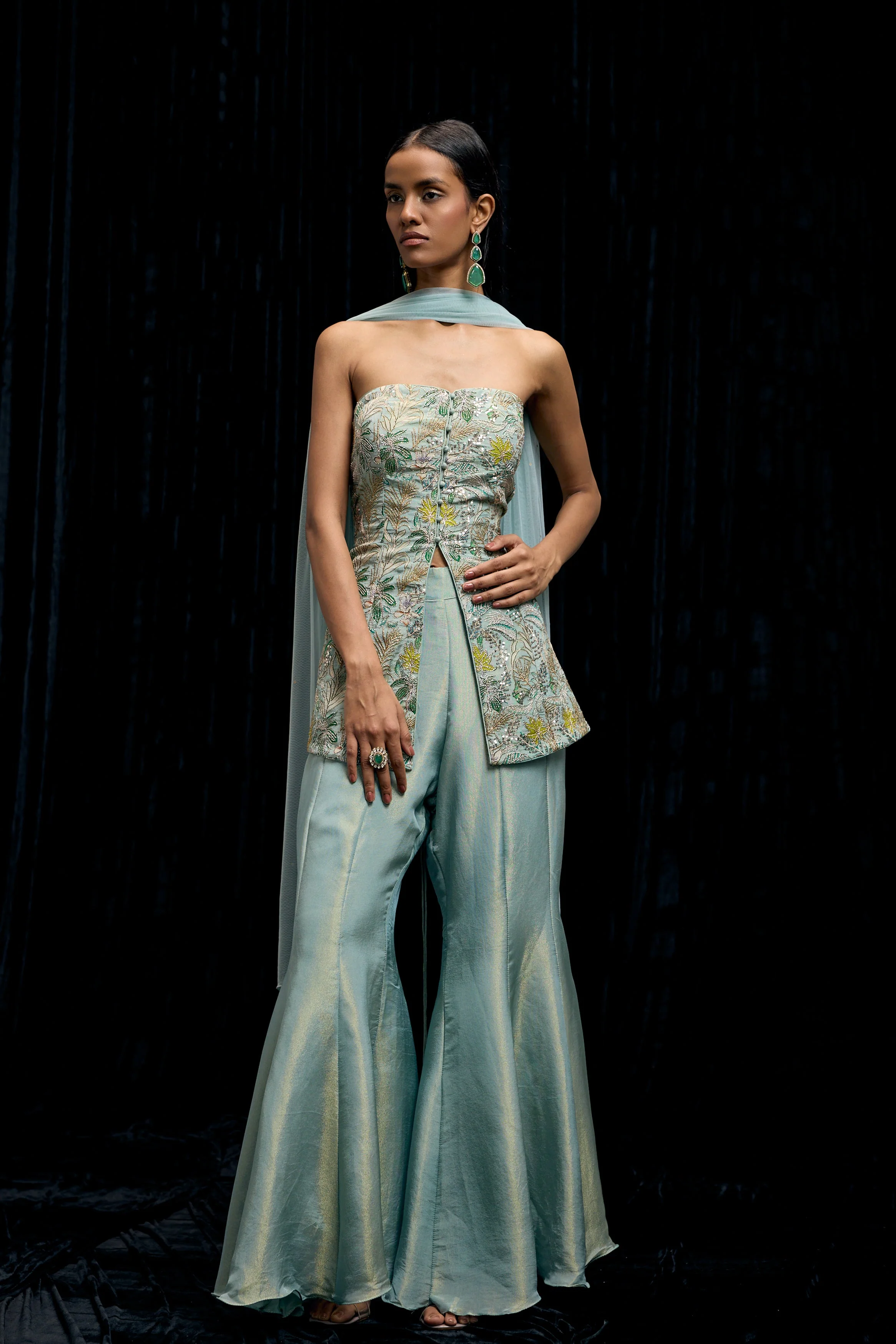 Pastel Blue Embellished Shimmer Tissue Silk Palazzo Set - Image 4