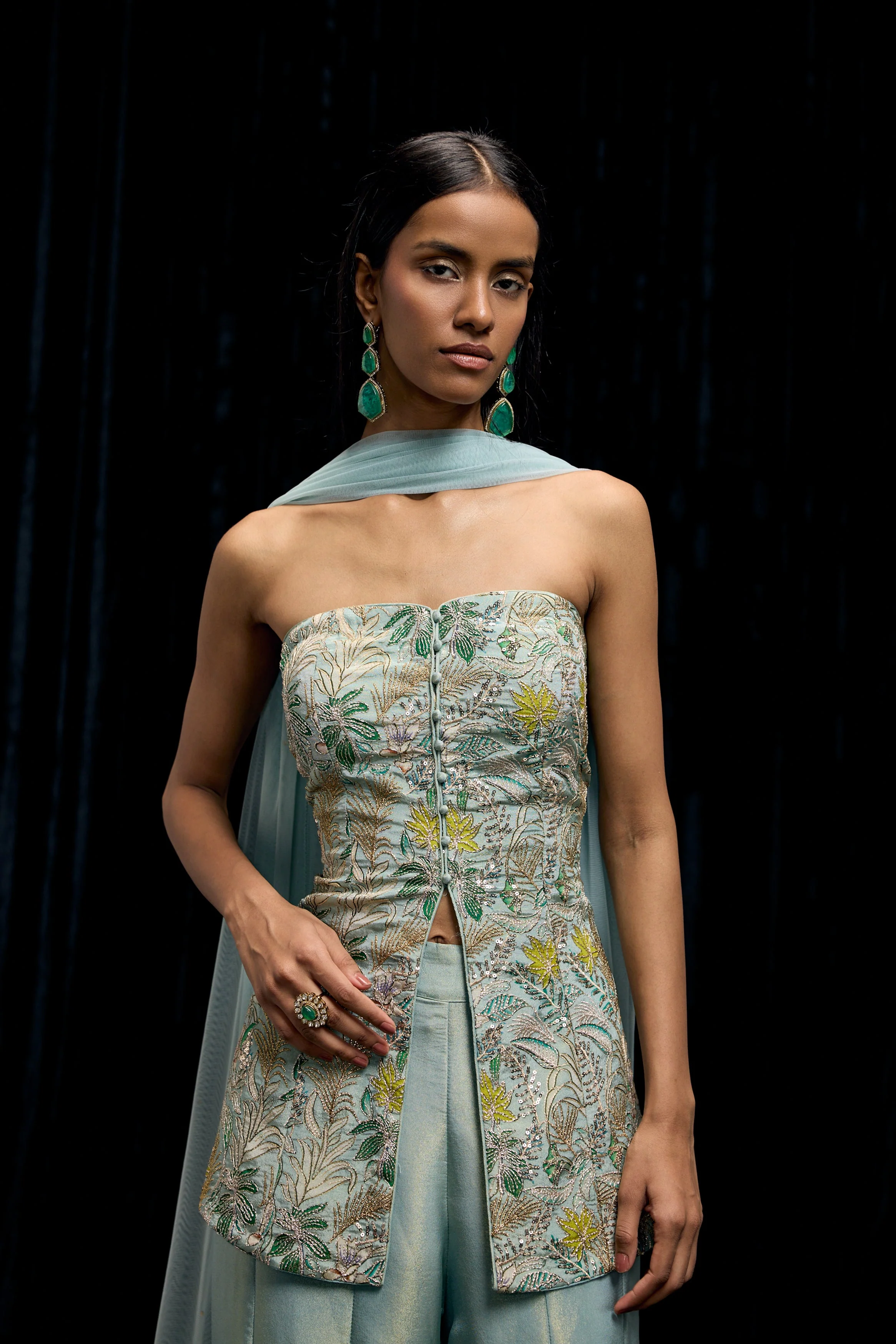 Pastel Blue Embellished Shimmer Tissue Silk Palazzo Set - Image 5