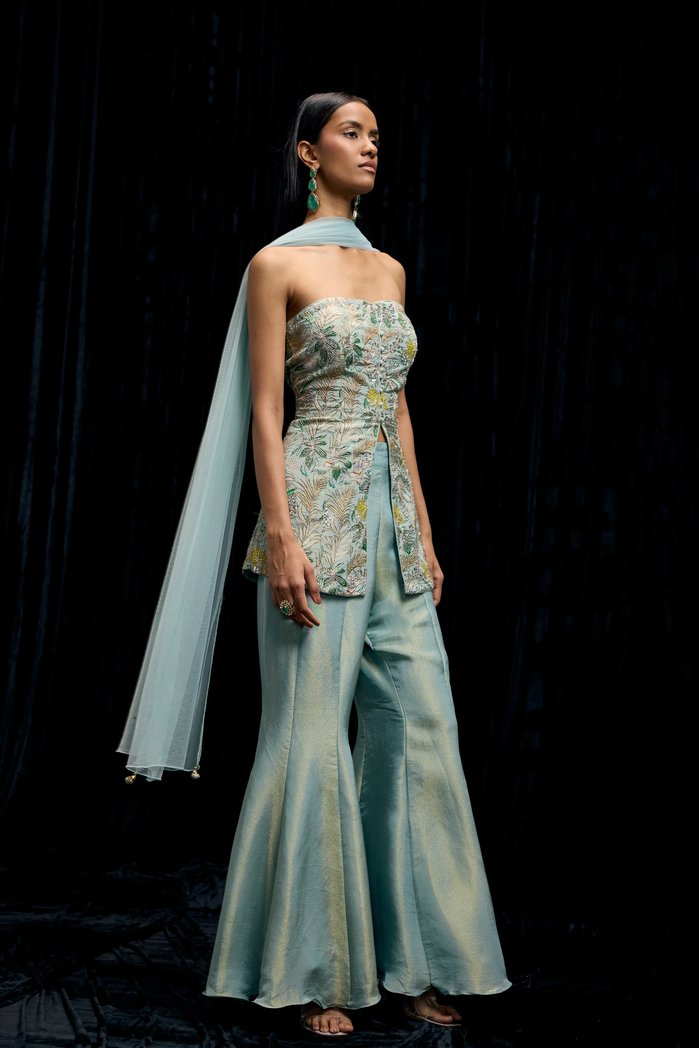 Pastel Blue Embellished Shimmer Tissue Silk Palazzo Set - Image 6