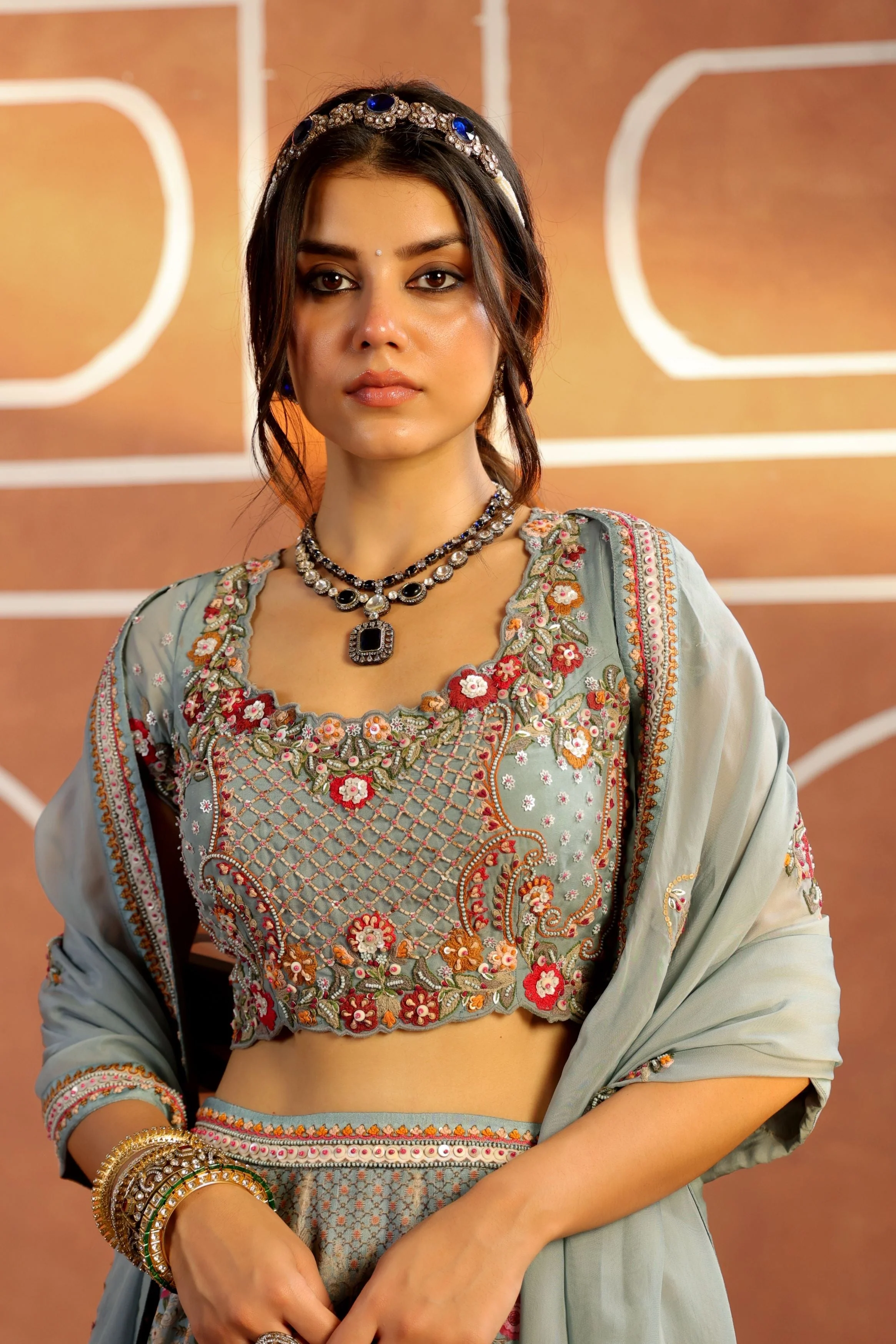 Pastel Blue Embellished Organdi Lehenga Set - Image 2