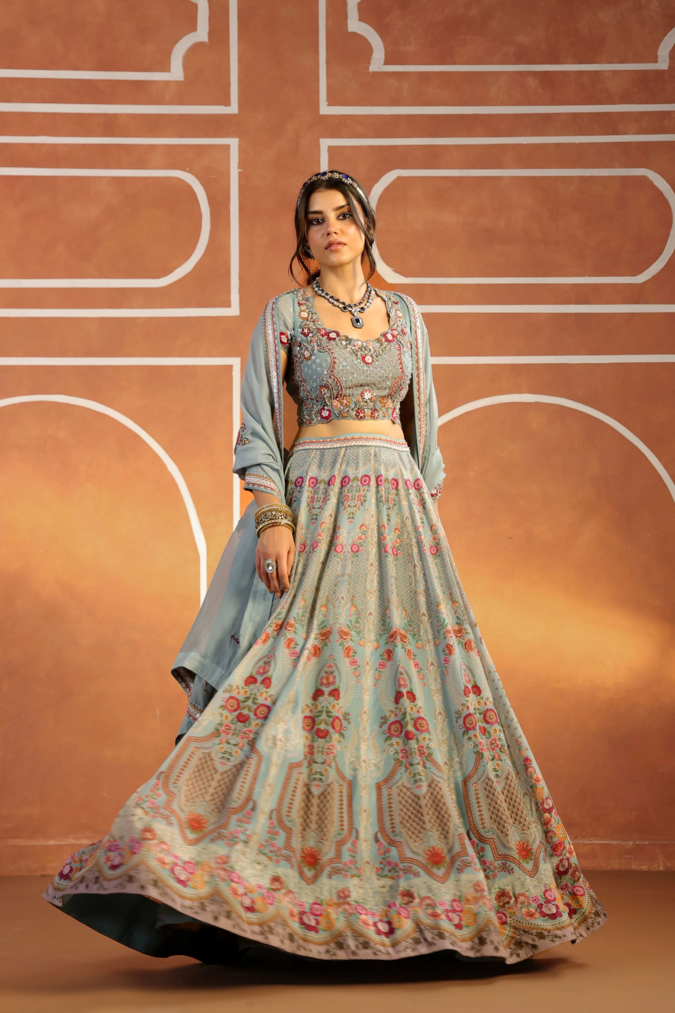 Pastel Blue Embellished Organdi Lehenga Set - Image 3