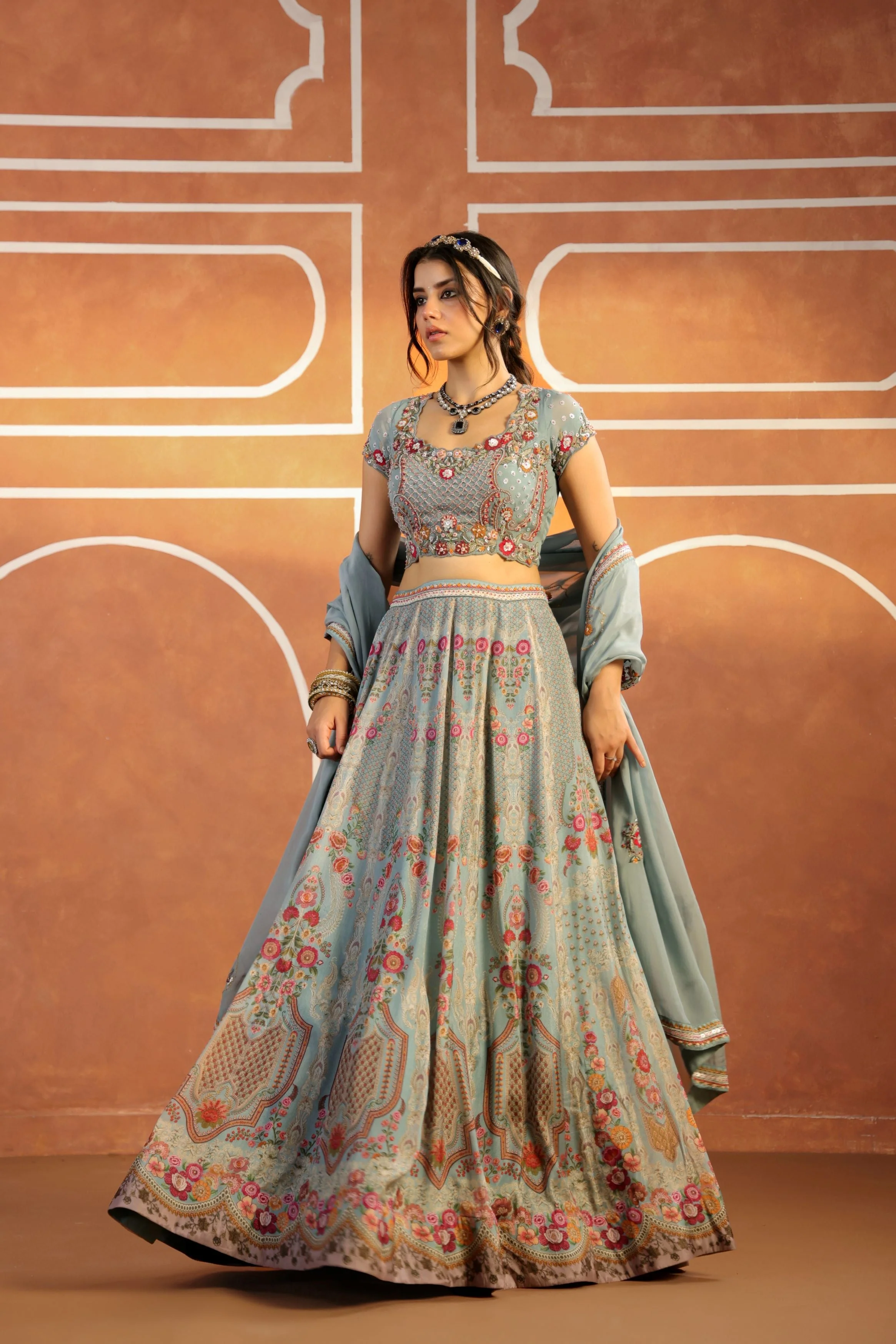 Pastel Blue Embellished Organdi Lehenga Set - Image 4