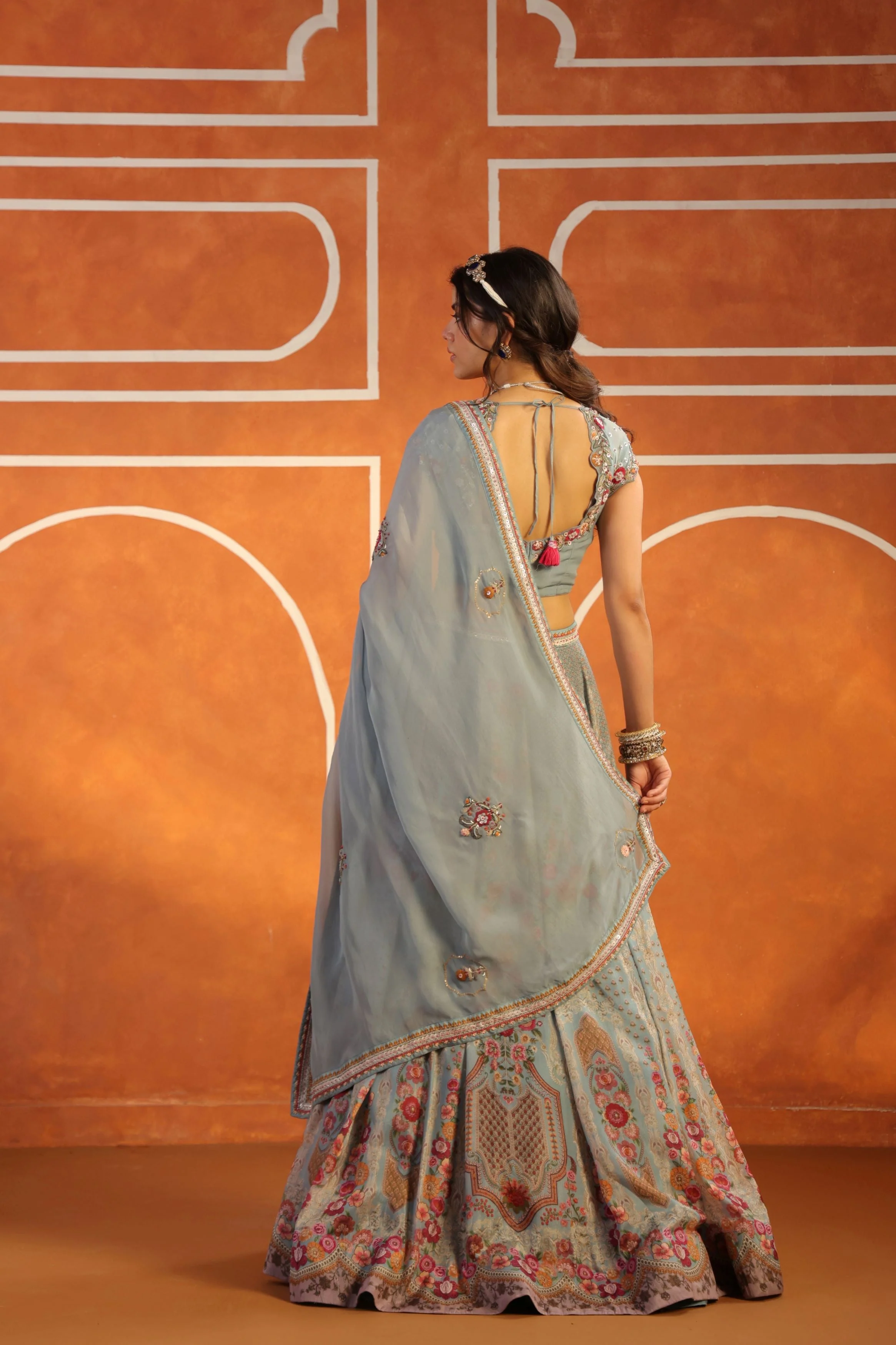 Pastel Blue Embellished Organdi Lehenga Set - Image 5