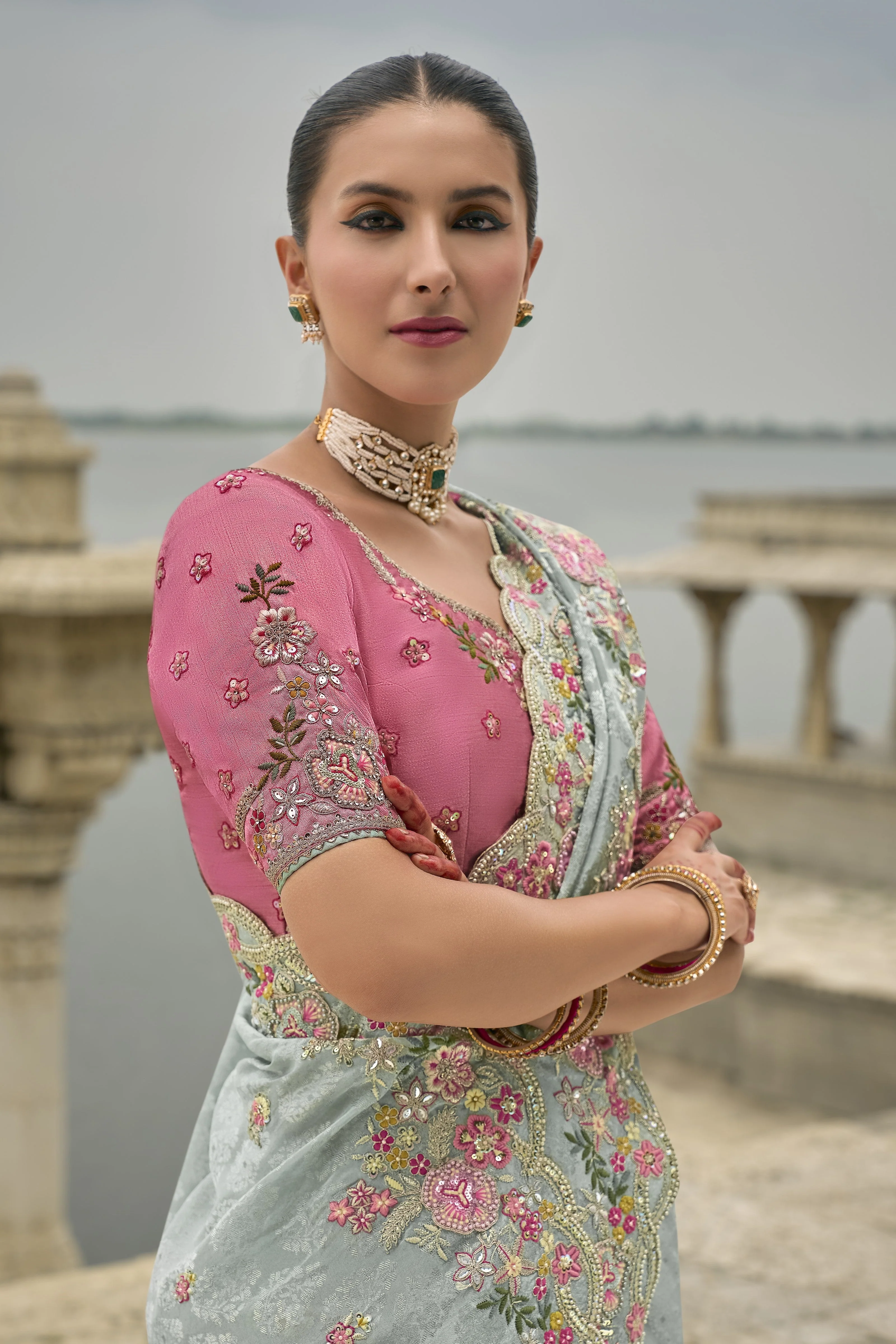 Pastel Blue Embroidered Pure Silk Saree - Image 3