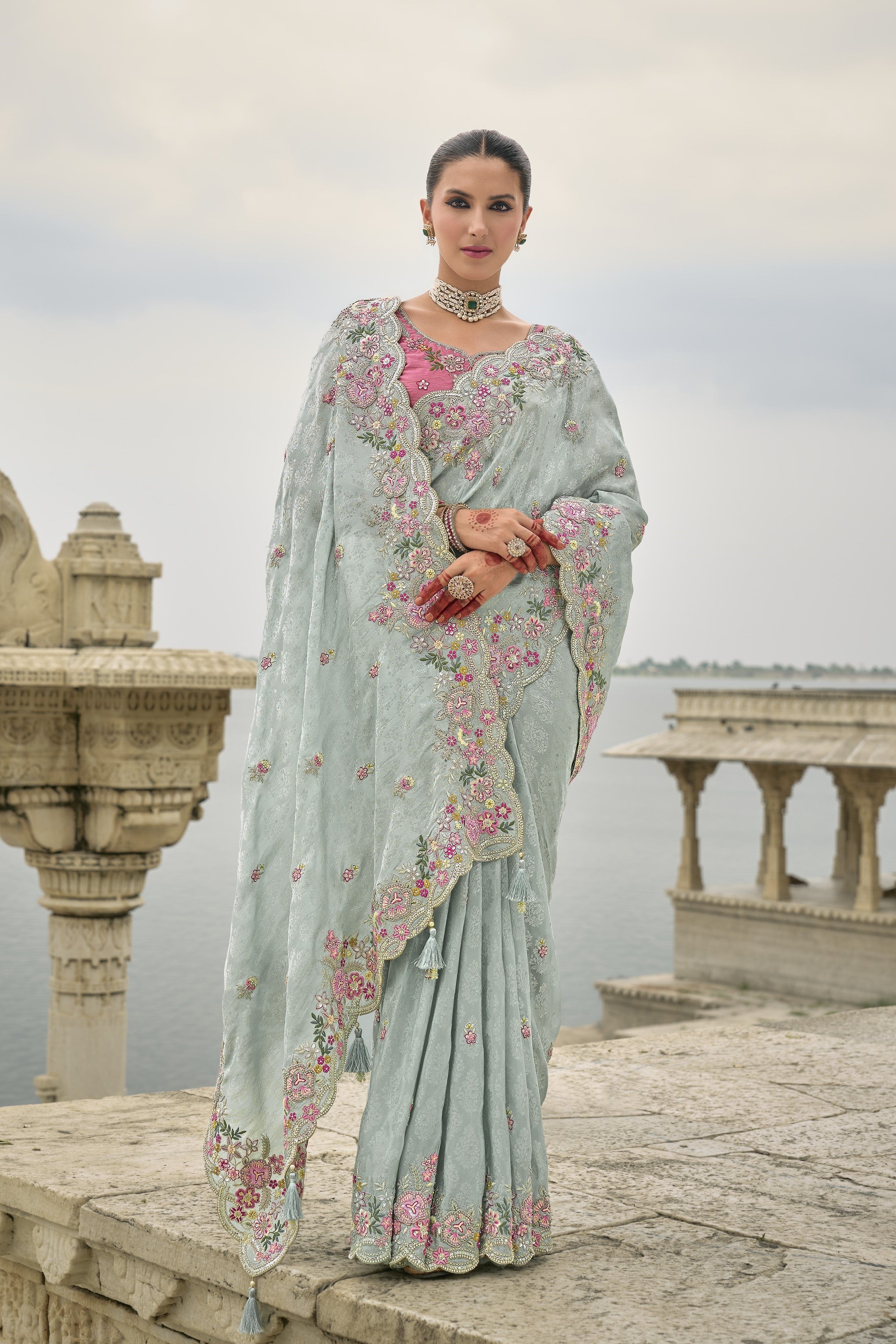 Pastel Blue Embroidered Pure Silk Saree - Image 4